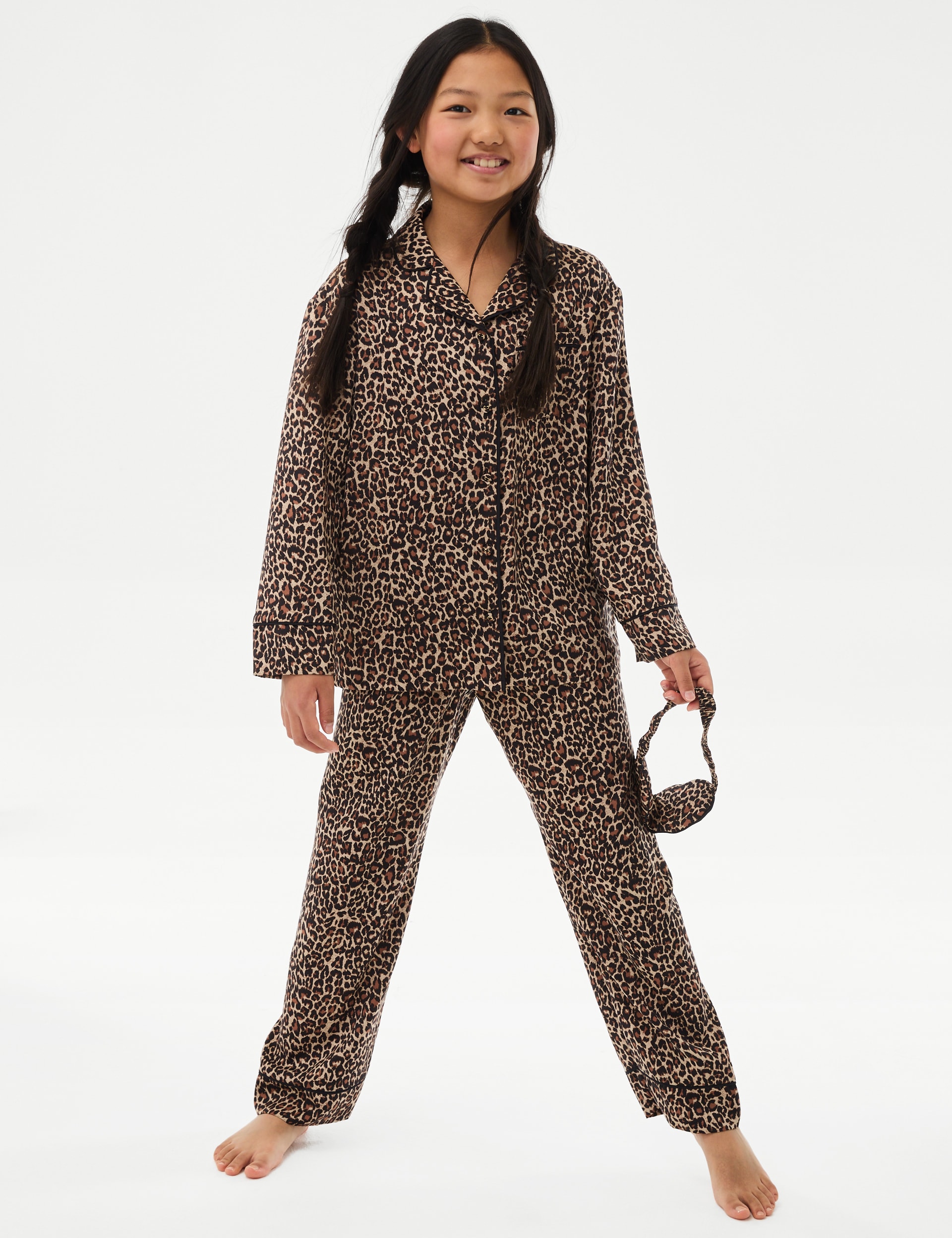 M&S Collection Girls Satin Leopard Pyjamas and Eye Mask (3-16 Yrs) - 6-7 Y - Multi, Multi