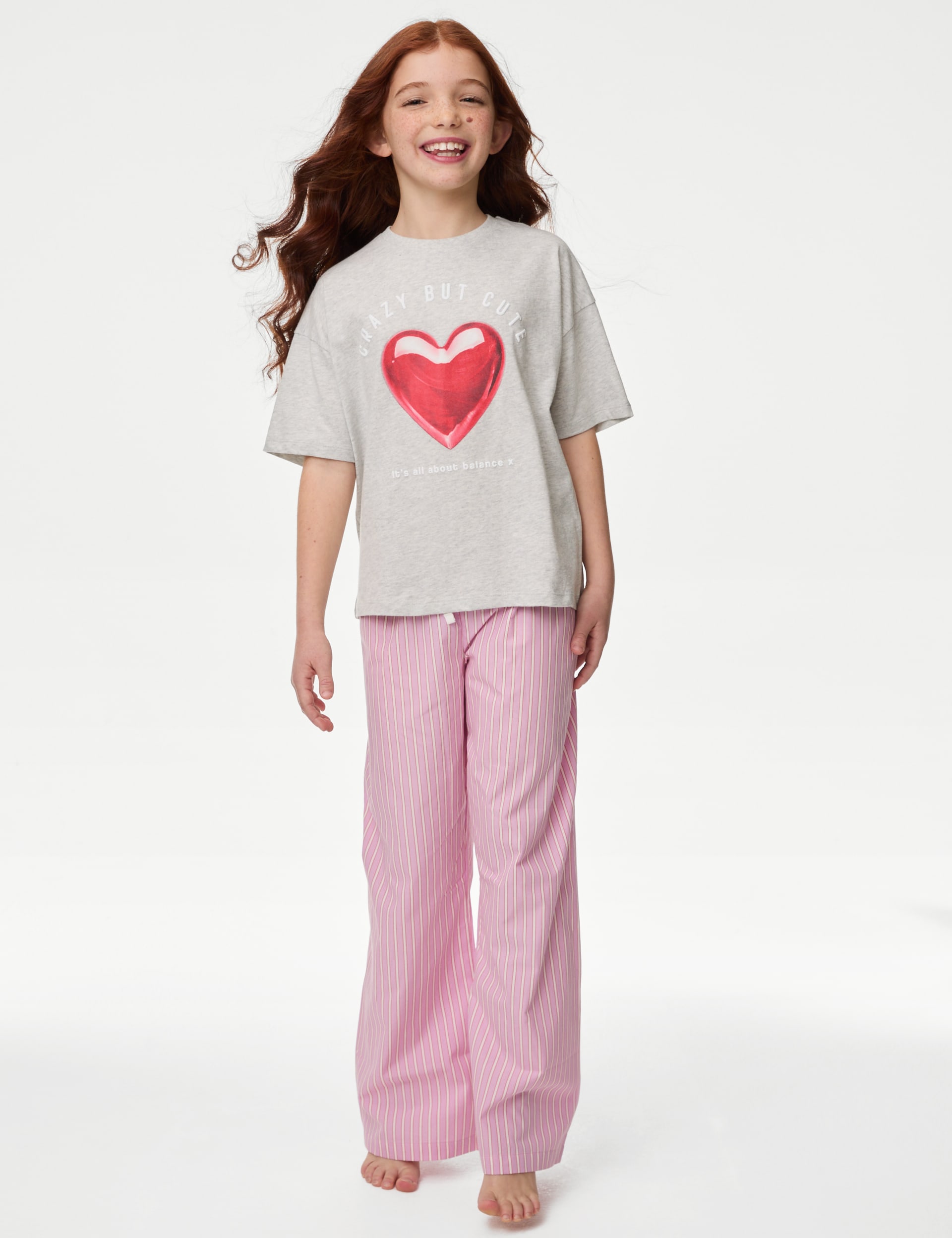 M&S Collection Girls Pure Cotton Heart Print Pyjamas (3-16 Yrs) - 6-7 Y - Grey Marl, Grey Marl