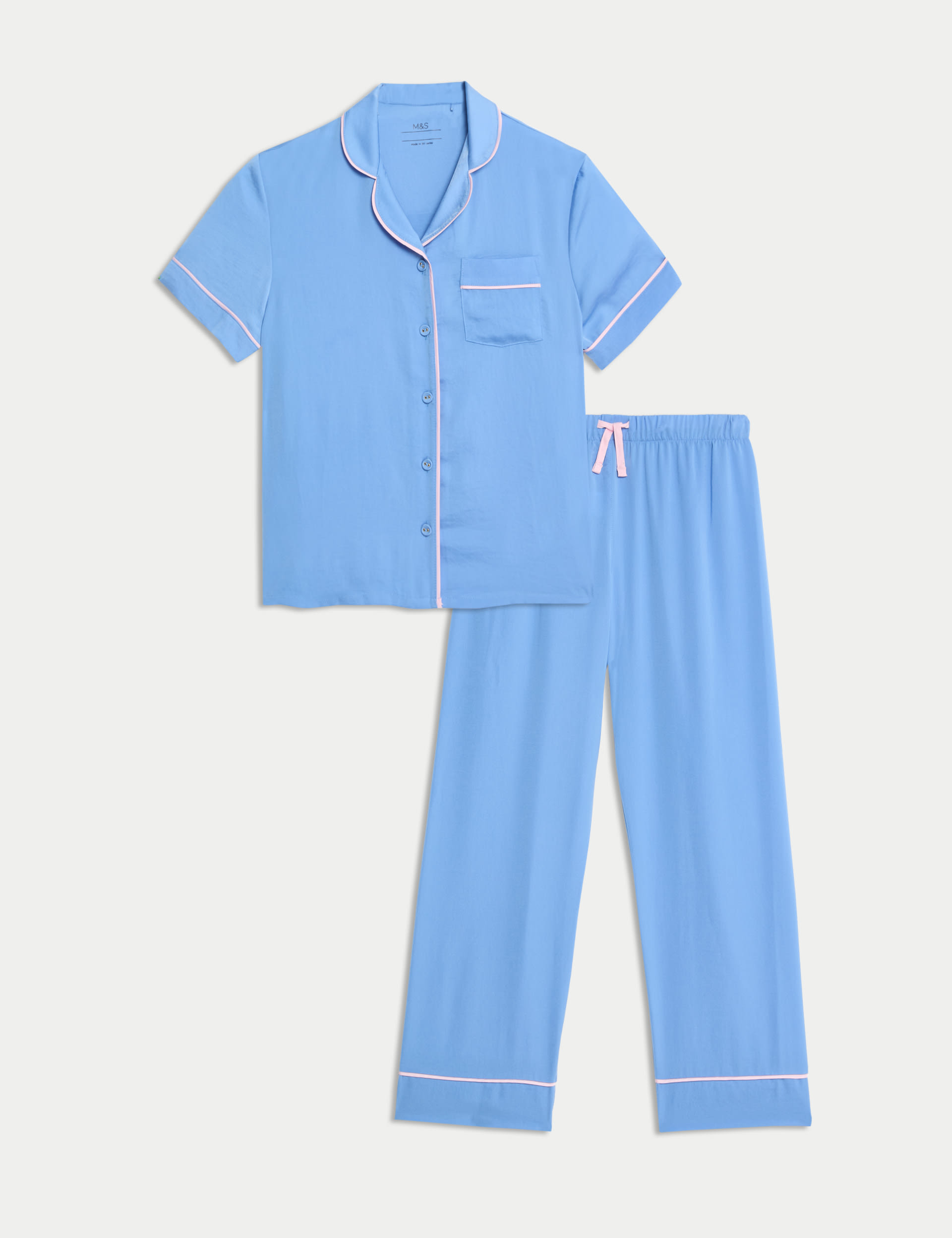 M&S Collection Girls Satin Revere Pyjamas (3-16 Yrs) - 6-7 Y - Blue Mix, Blue Mix