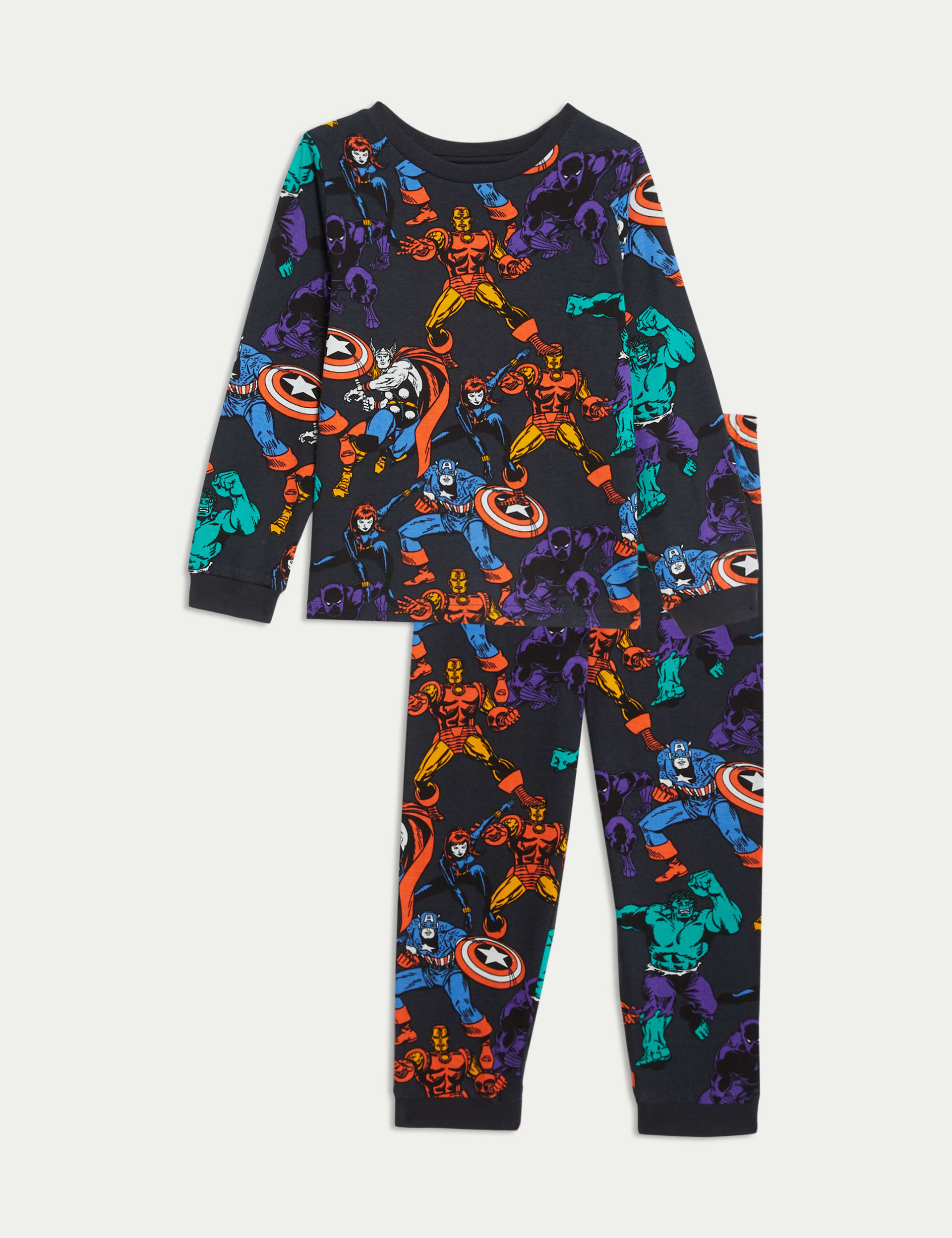 M&S Collection Boys Pure Cotton Avengers Pyjamas (3-12 Yrs) - 7-8 Y - Carbon, Carbon