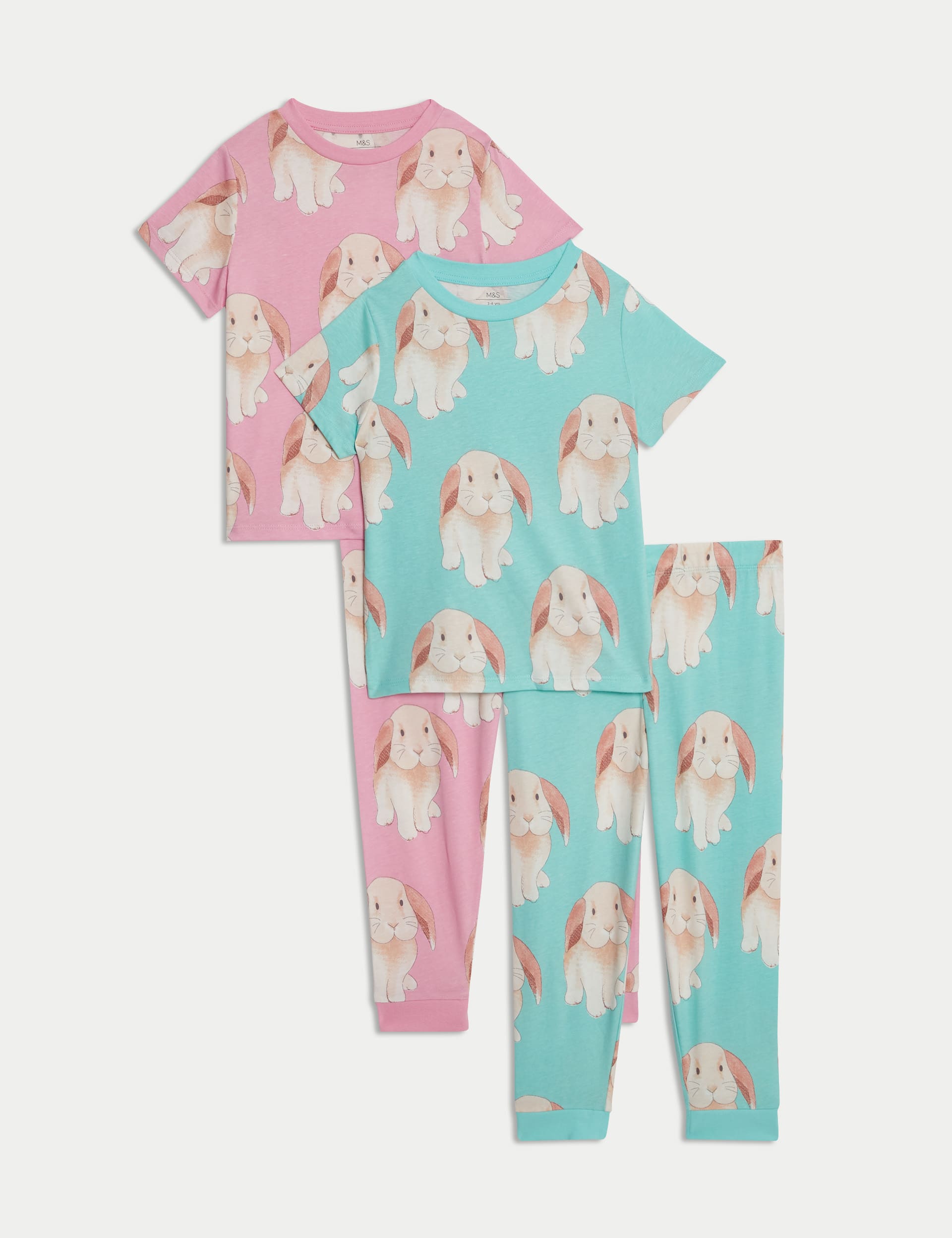 M&S Collection Girls 2 Pack Pure Cotton Bunny Pyjama Sets (1-8 Yrs) - 2-3 Y - Blue Mix, Blue Mix