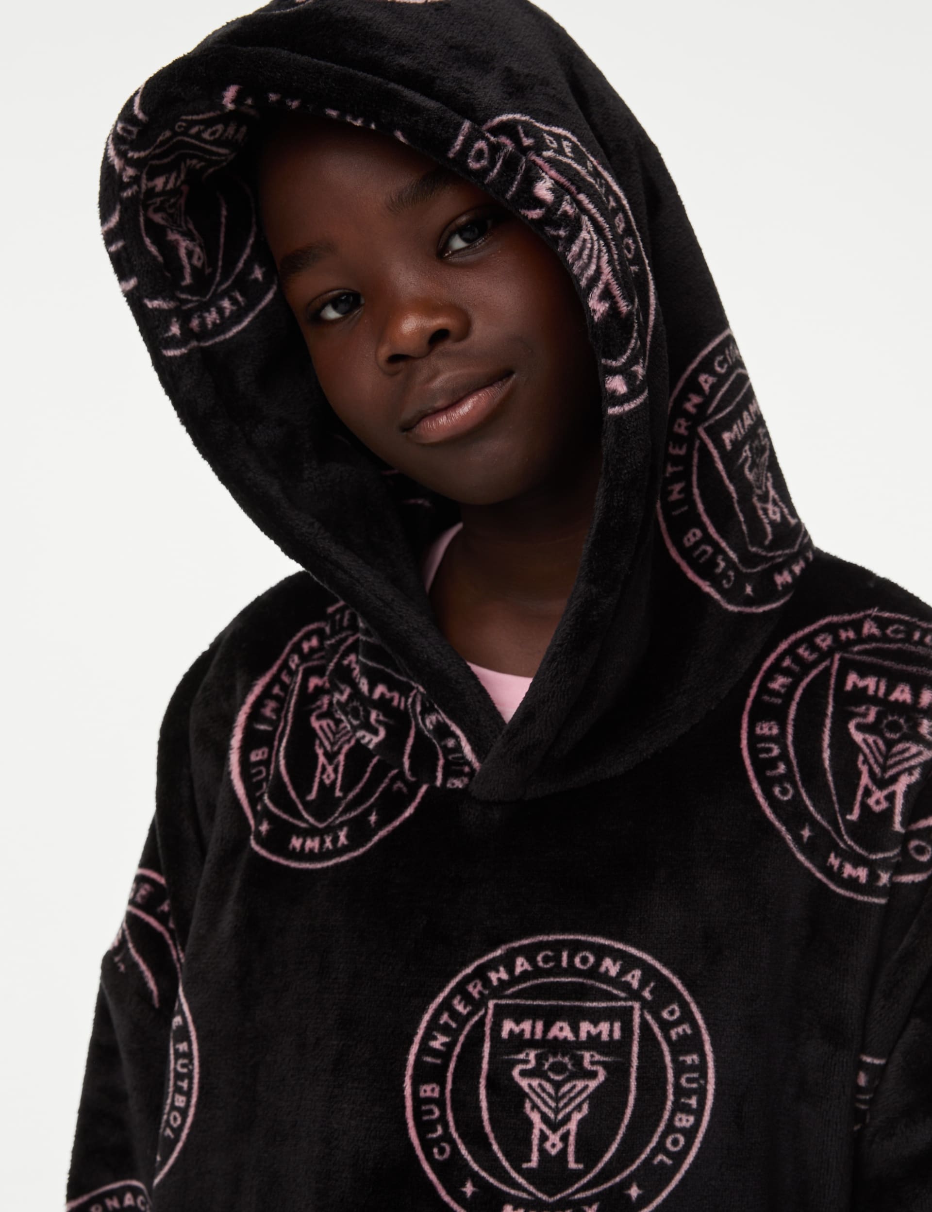 M&S Collection Fleece Inter Miami Oversized Hoodie (7-16 Yrs) - 7-8 Y - Black Mix, Black Mix