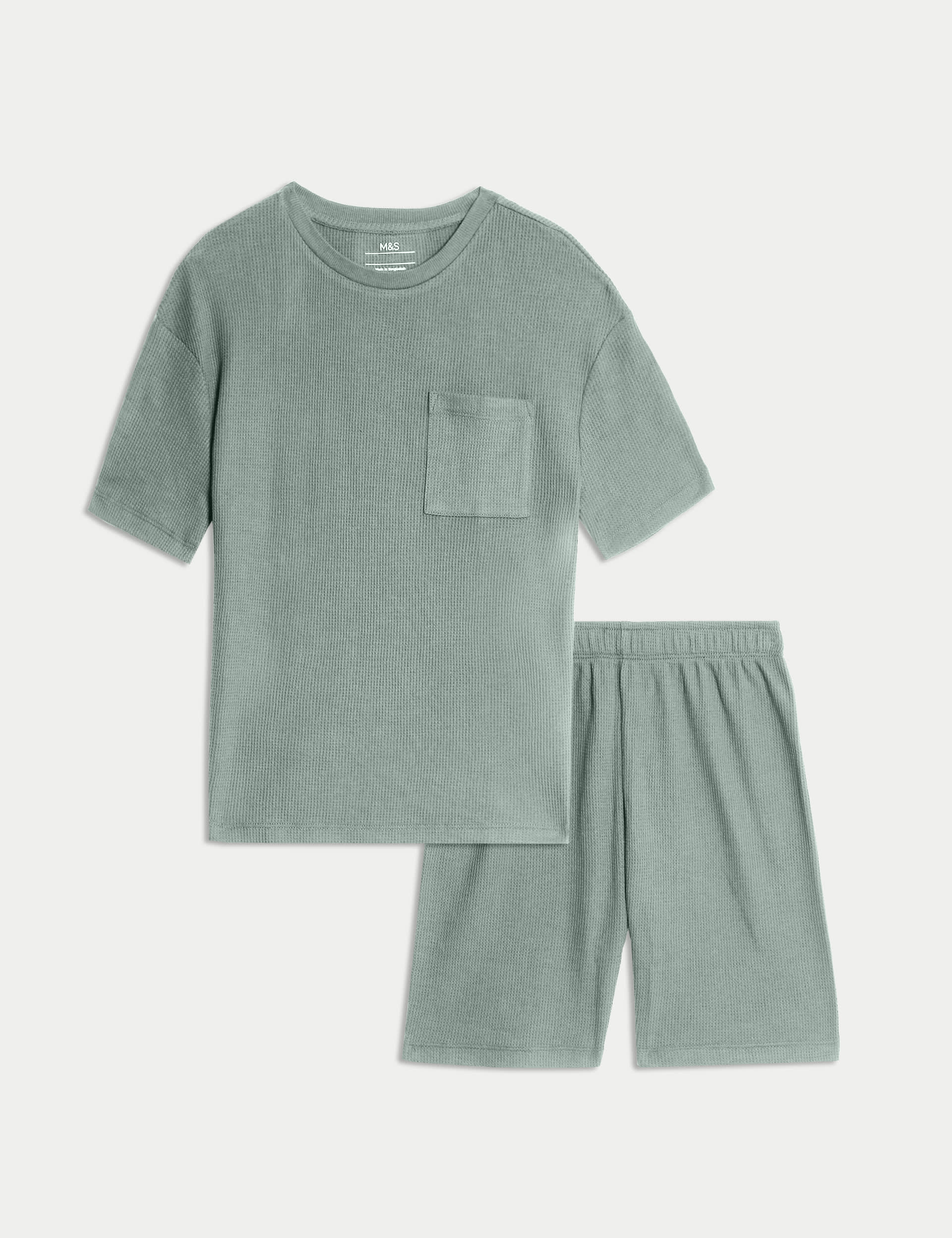 M&S Collection Cotton Blend Waffle Pyjamas (12 Mths-16 Yrs) - 8-9 Y - Green, Neutral,Green,Grey,Indi