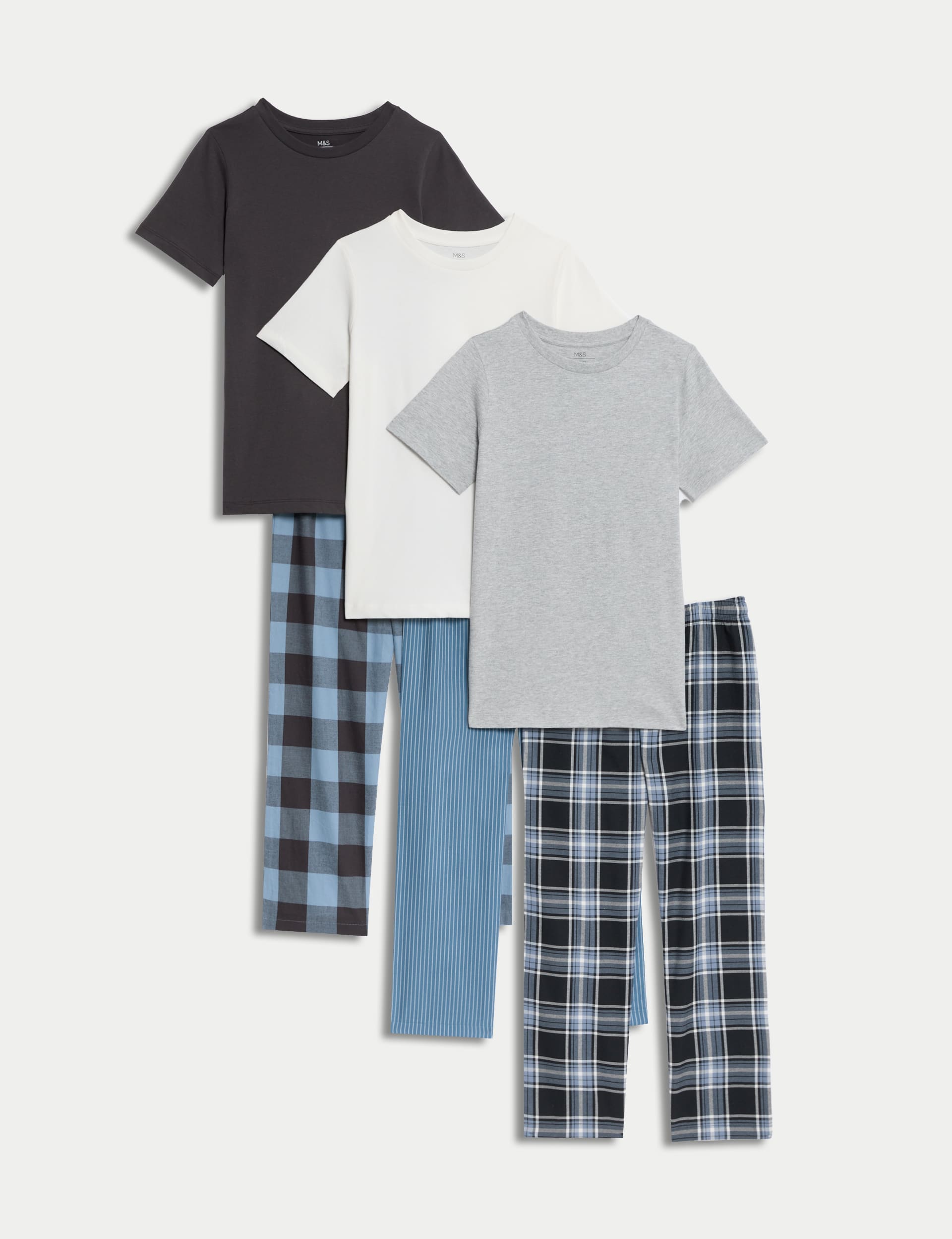 M&S Collection Boys 3pk Pure Cotton Printed Pyjama Sets (3-16 Yrs) - 11-12 - Blue Mix, Blue Mix