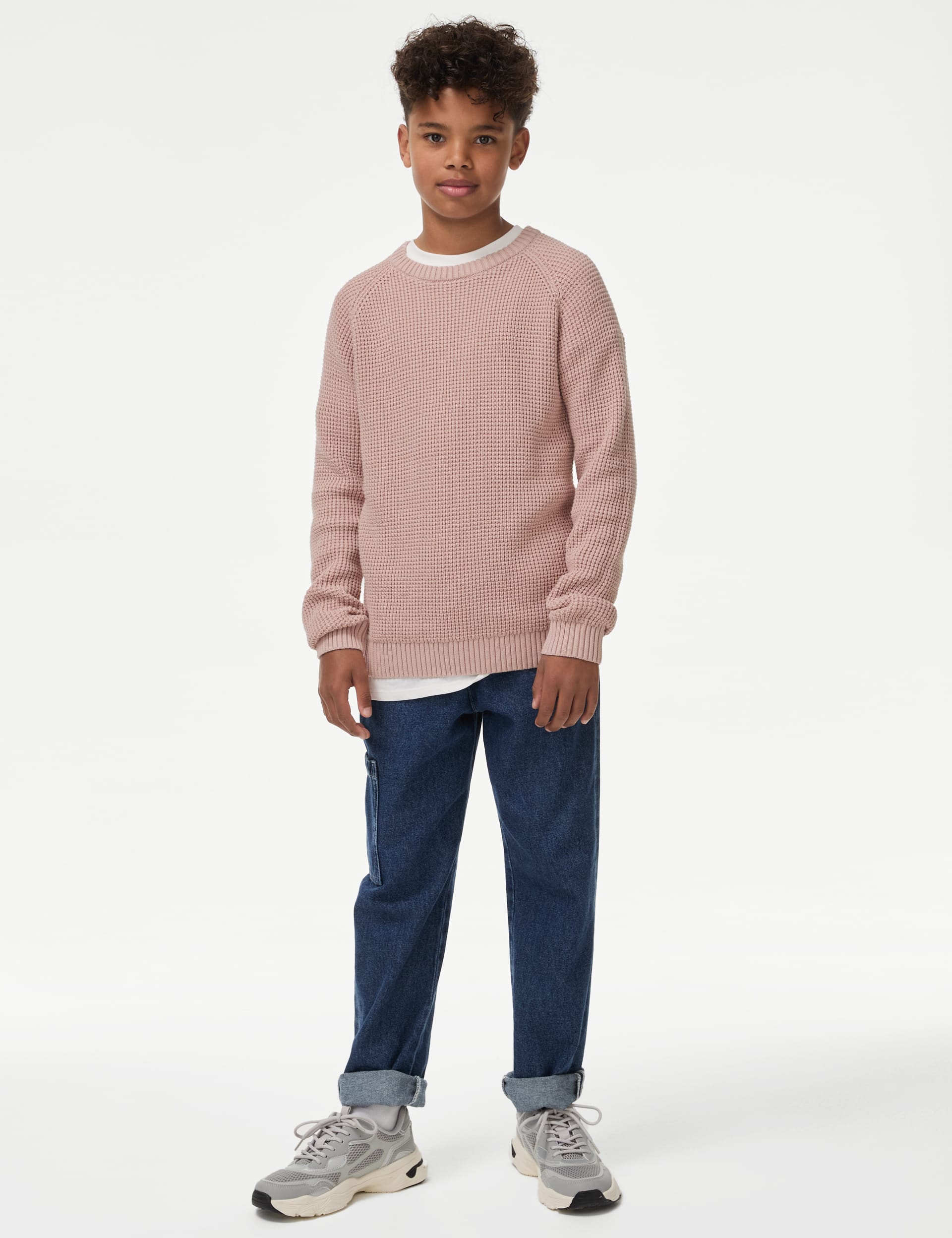 M&S Collection Boys Pure Cotton Waffle Knit Jumper (2-16 Yrs) - 11-12 - Pink, Pink,Willow,Dark Grey