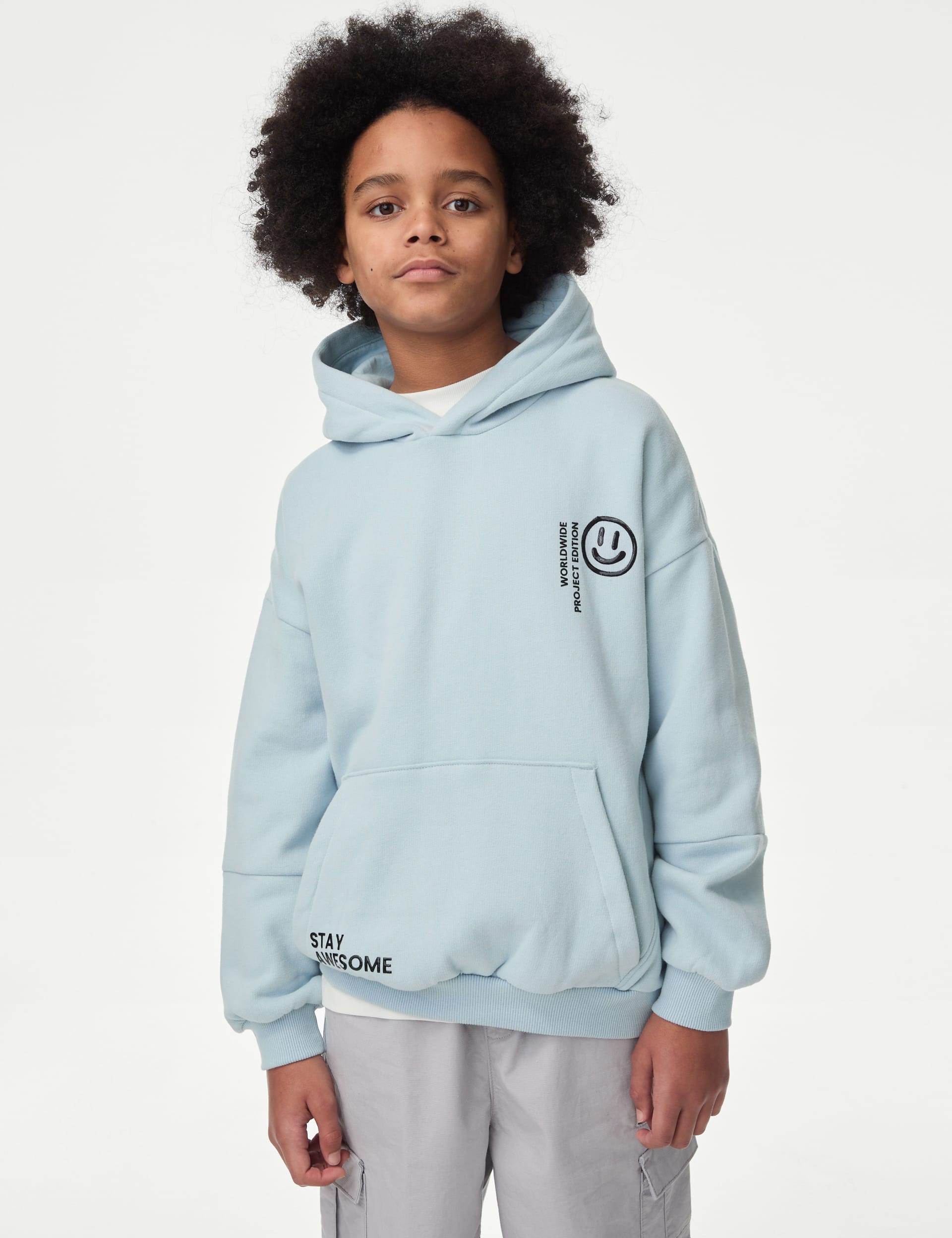 M&S Collection Boys Cotton Rich Future Icon Print Hoodie (6-16 Yrs) - 10-11 - Light Steel Blue, Ligh