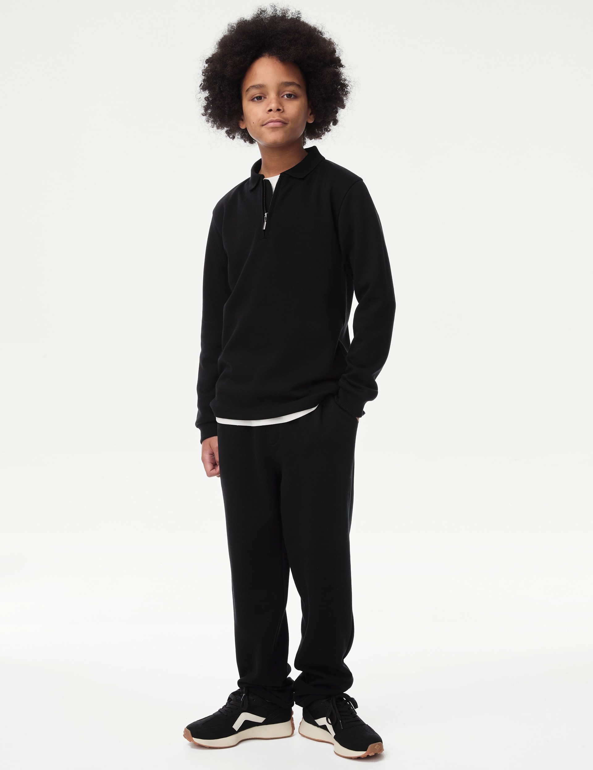 M&S Collection Boys Cotton Blend Polo Shirt (6-16 Yrs) - 8-9 Y - Black, Black