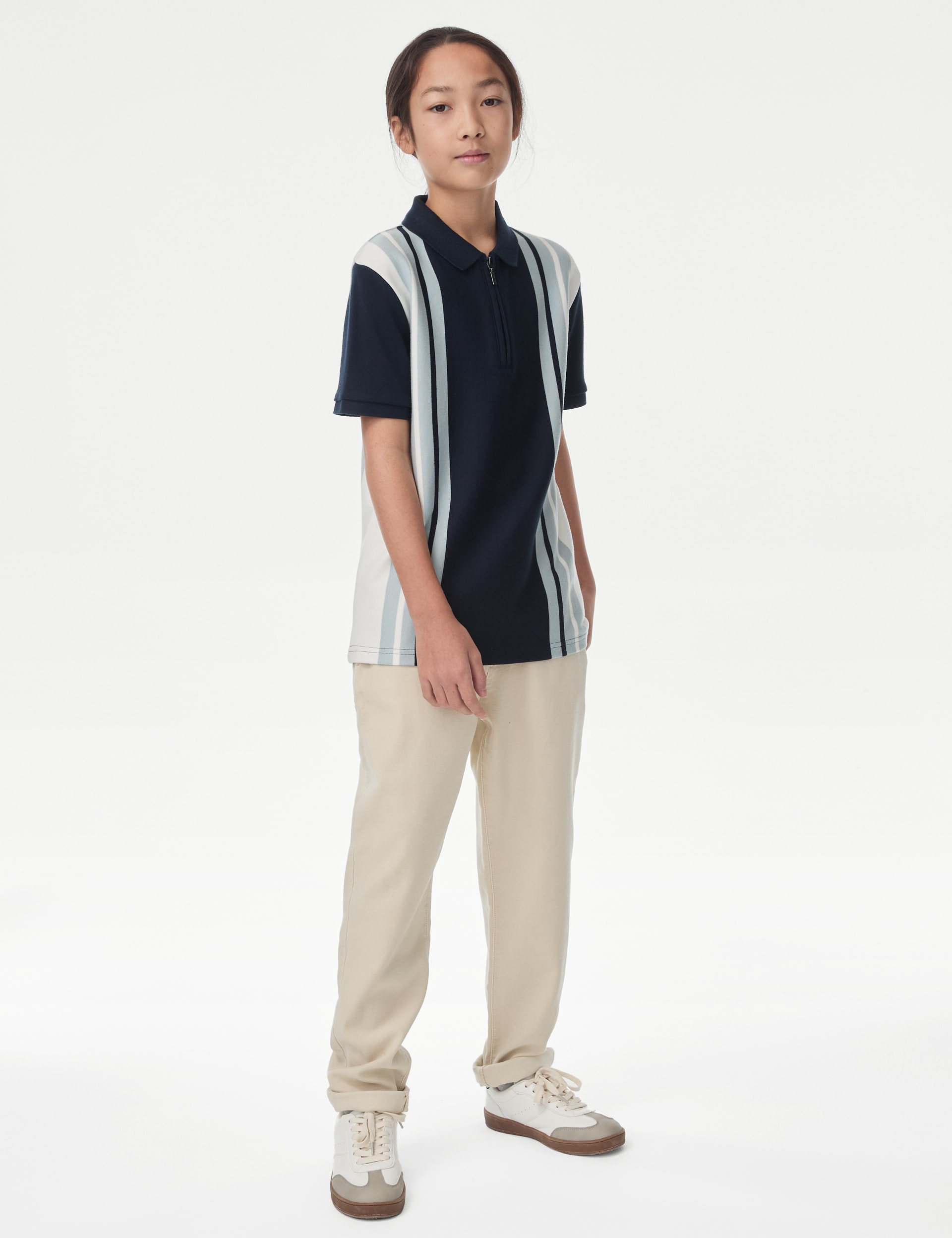 M&S Collection Boys Pure Cotton Striped Polo Shirt (6-16 Yrs) - 12-13 - Navy Mix, Navy Mix,Pink Mix