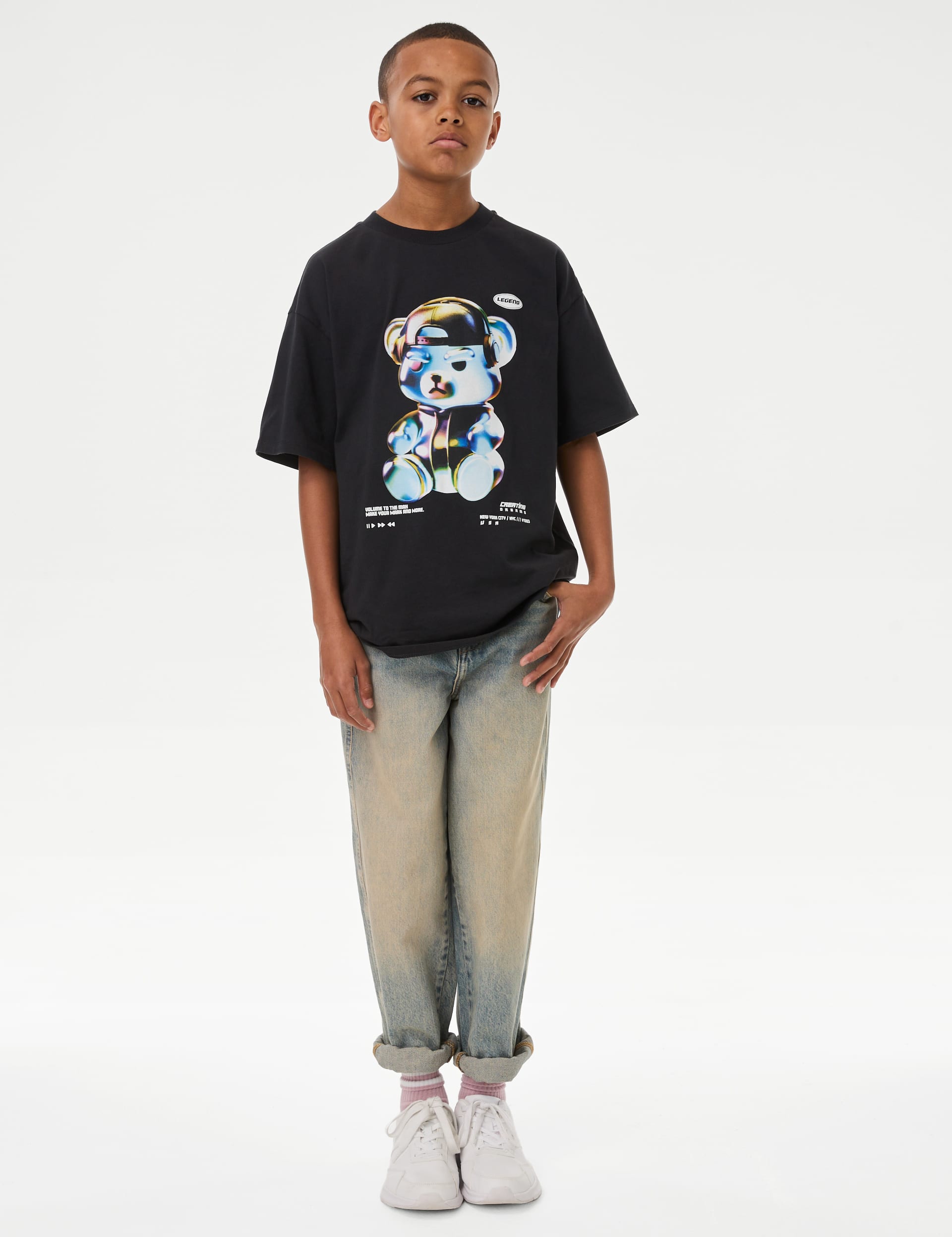 M&S Collection Pure Cotton Cyber Bear T-Shirt (6-16 Yrs) - 7-8 Y - Carbon, Carbon