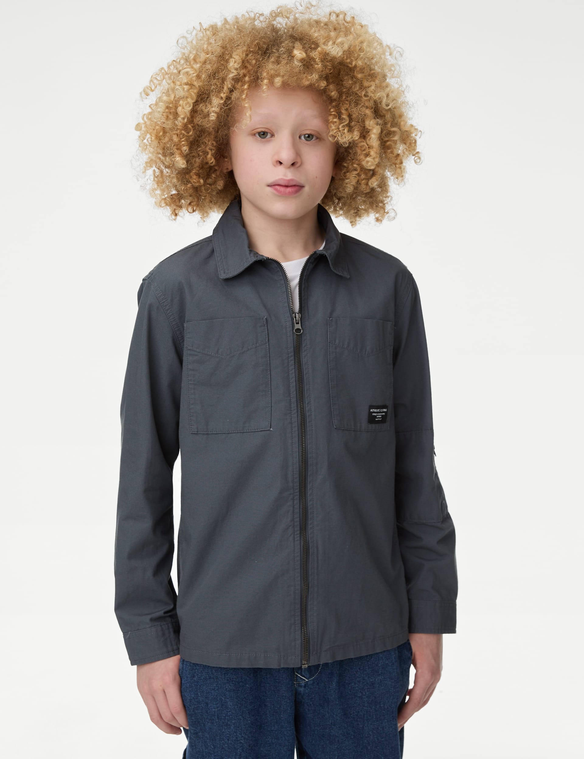 M&S Collection Boys Pure Cotton Ripstop Shirt (2-16 Yrs) - 8-9 Y - Carbon, Carbon