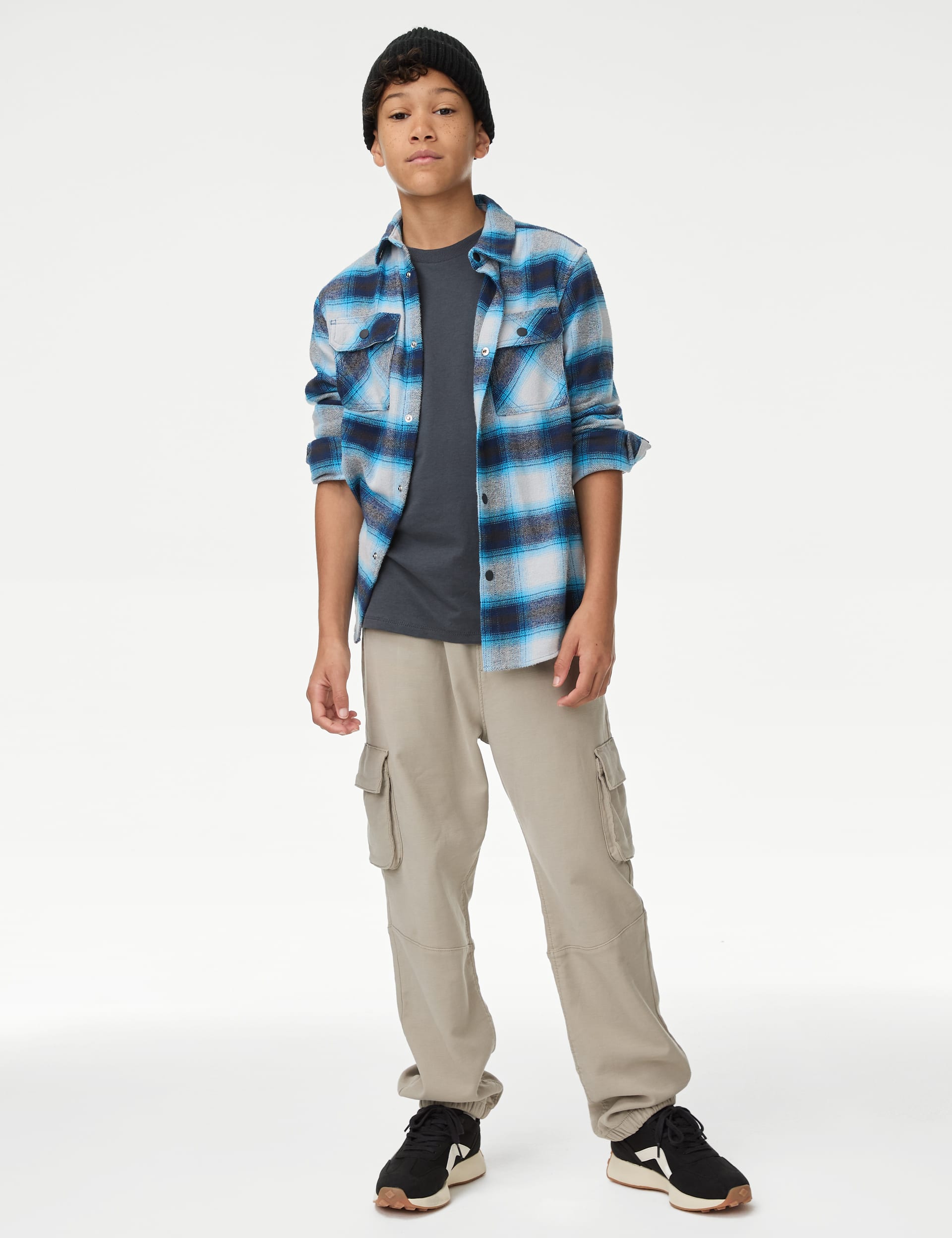 M&S Collection Boys 2pc Pure Cotton Check Shirt and T-Shirt Set (6-16 Yrs) - 15-16 - Blue Mix, Blue 