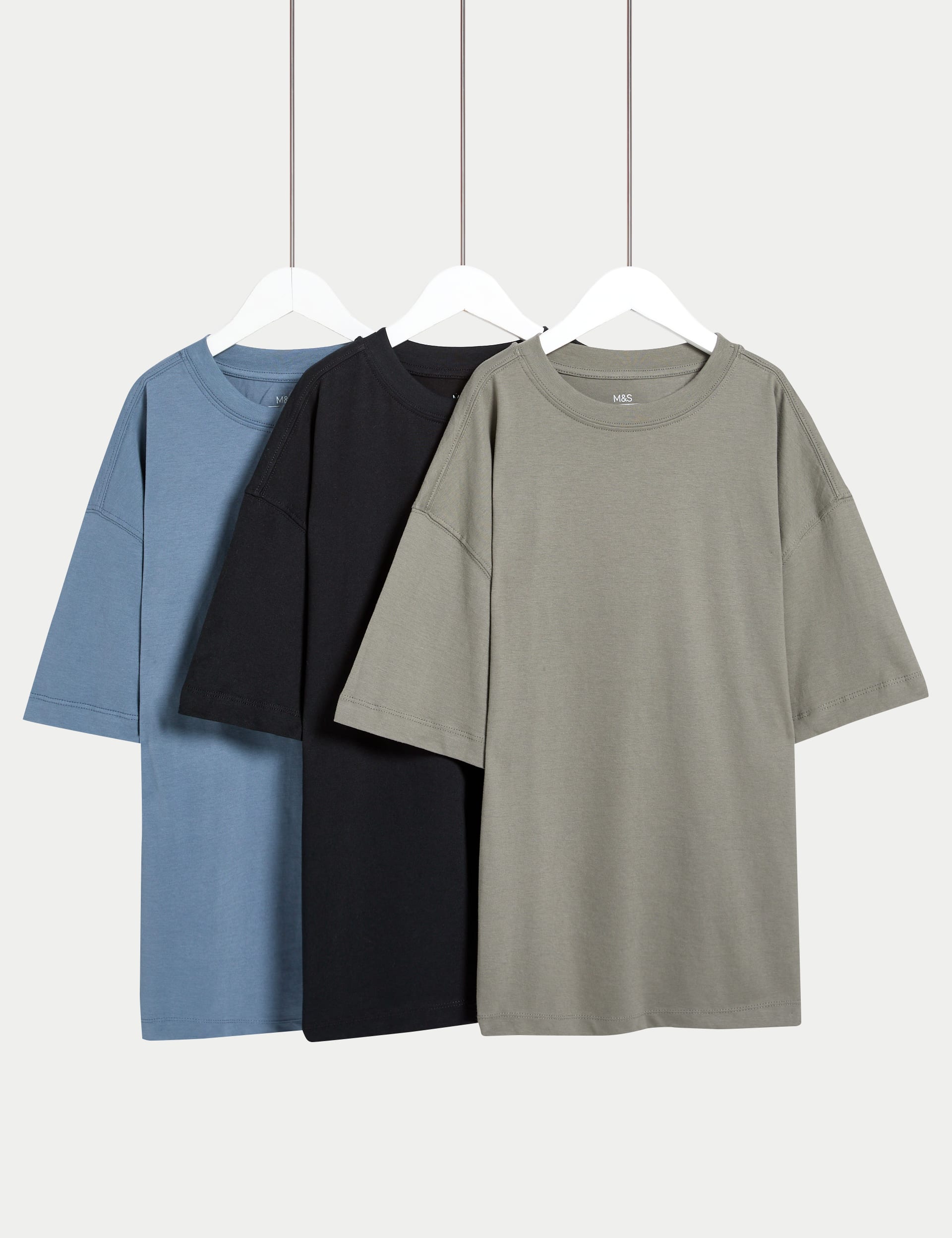 M&S Collection 3pk Pure Cotton T-Shirts (6-16 Yrs) - 13-14 - Khaki Mix, Khaki Mix,Blue Mix,Pink Mix