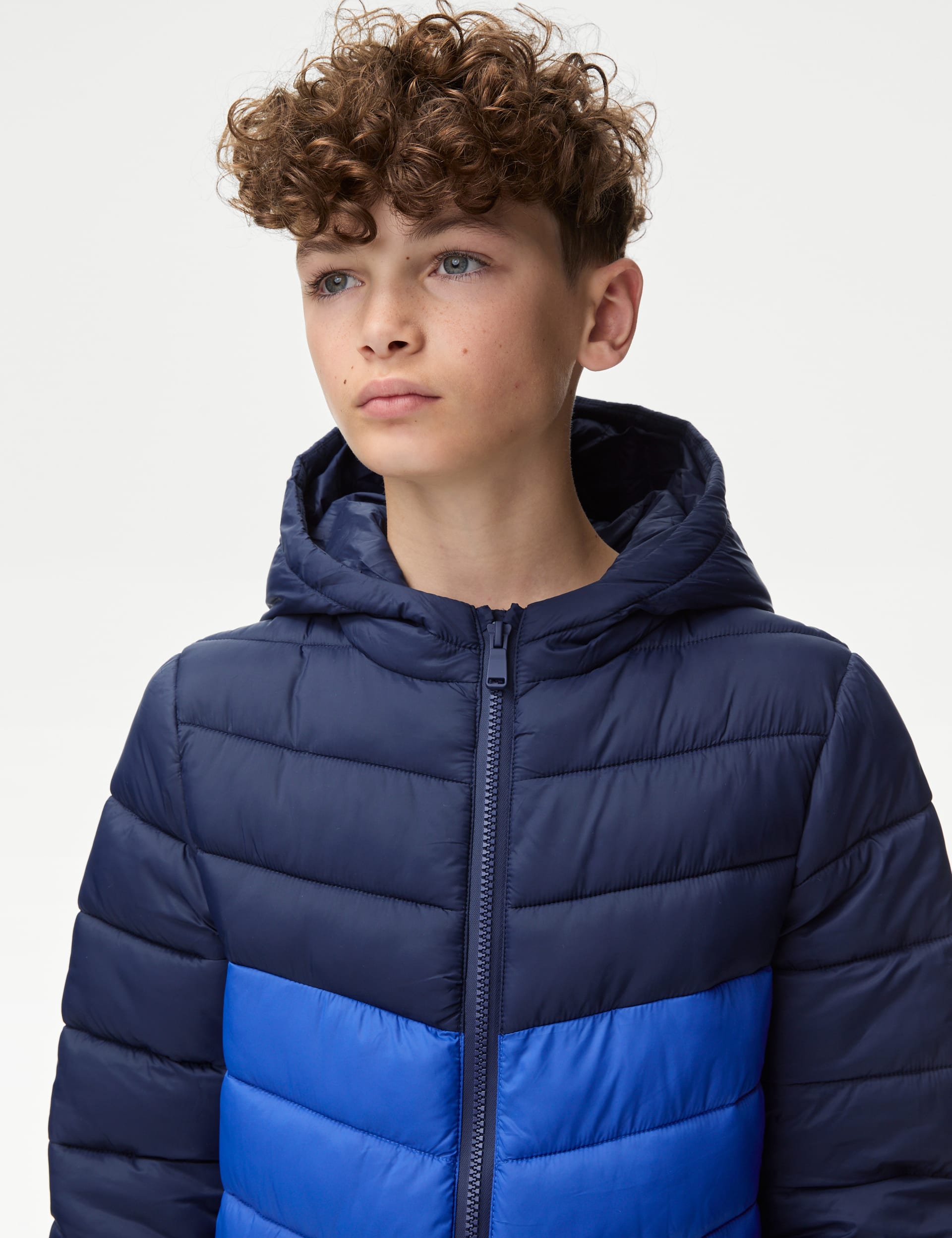 M&S Collection Boys Stormwear Lightweight Hooded Padded Coat (6-16 Yrs) - 7-8 Y - Blue Mix, Navy,Bl