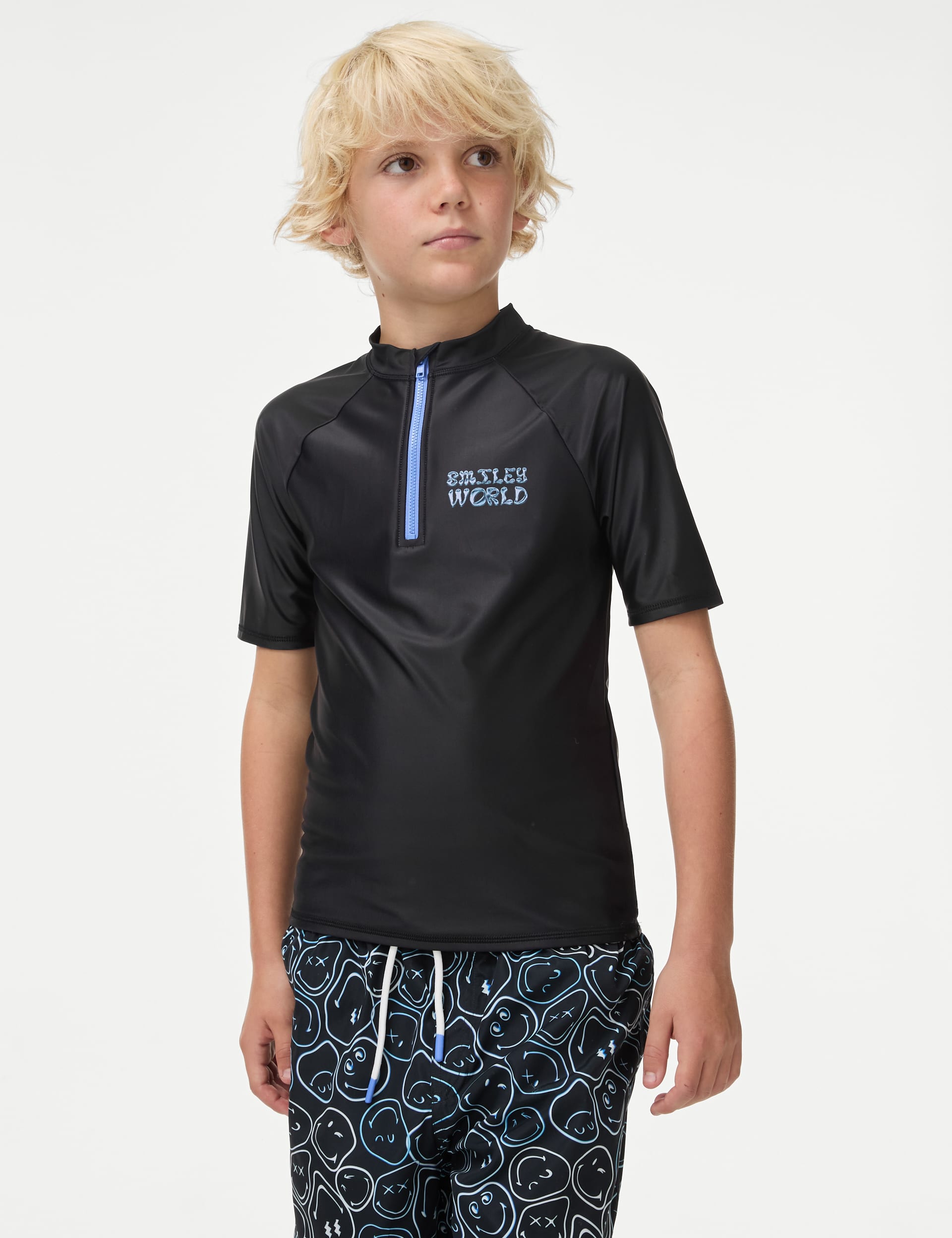 M&S Collection Boys Smiley World Rash Vest (6-16 Yrs) - 12-13 - Black Mix, Black Mix