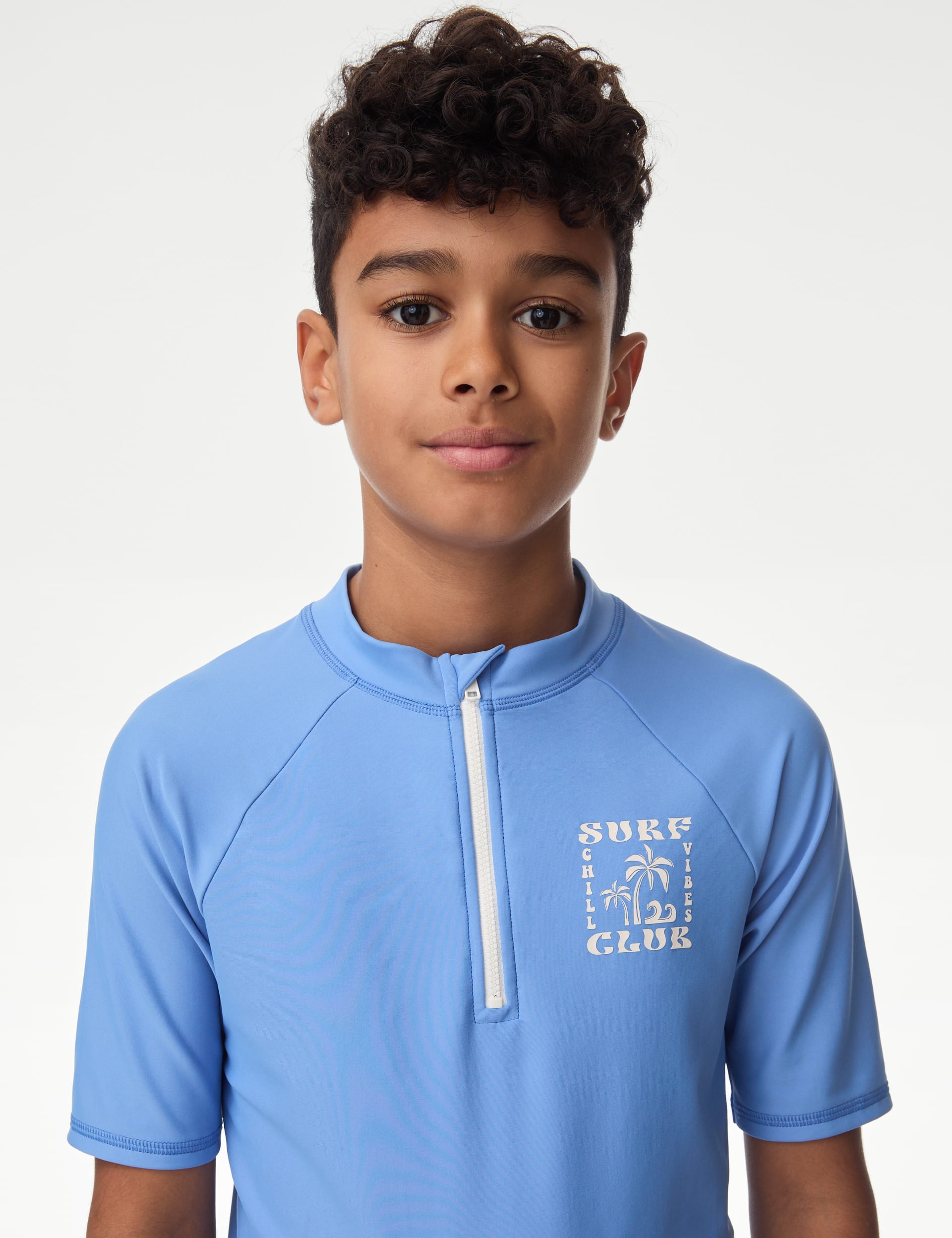 M&S Collection Boys Quarter Zip Rash Vest (2-16 Yrs) - 7-8 Y - Blue, Blue,Coral,Green,Ochre