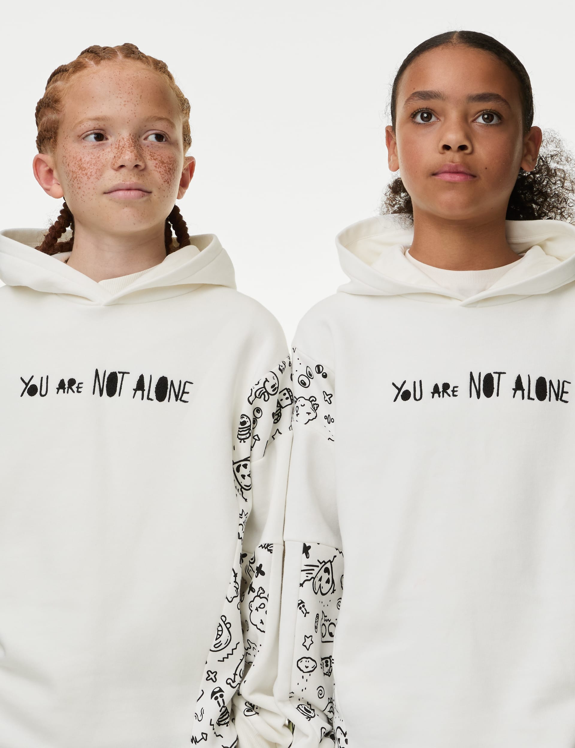 M&S X The Doodle Boys Cotton Rich Slogan Hoodie (6-16 Yrs) - 9-10Y - White Mix, White Mix