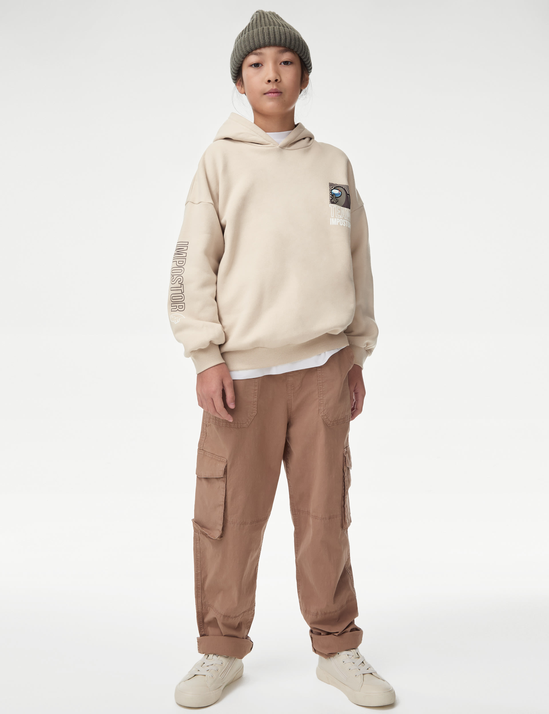 M&S Collection Boys Cotton Rich Among Us Hoodie (6-16 Yrs) - 9-10Y - Putty, Putty