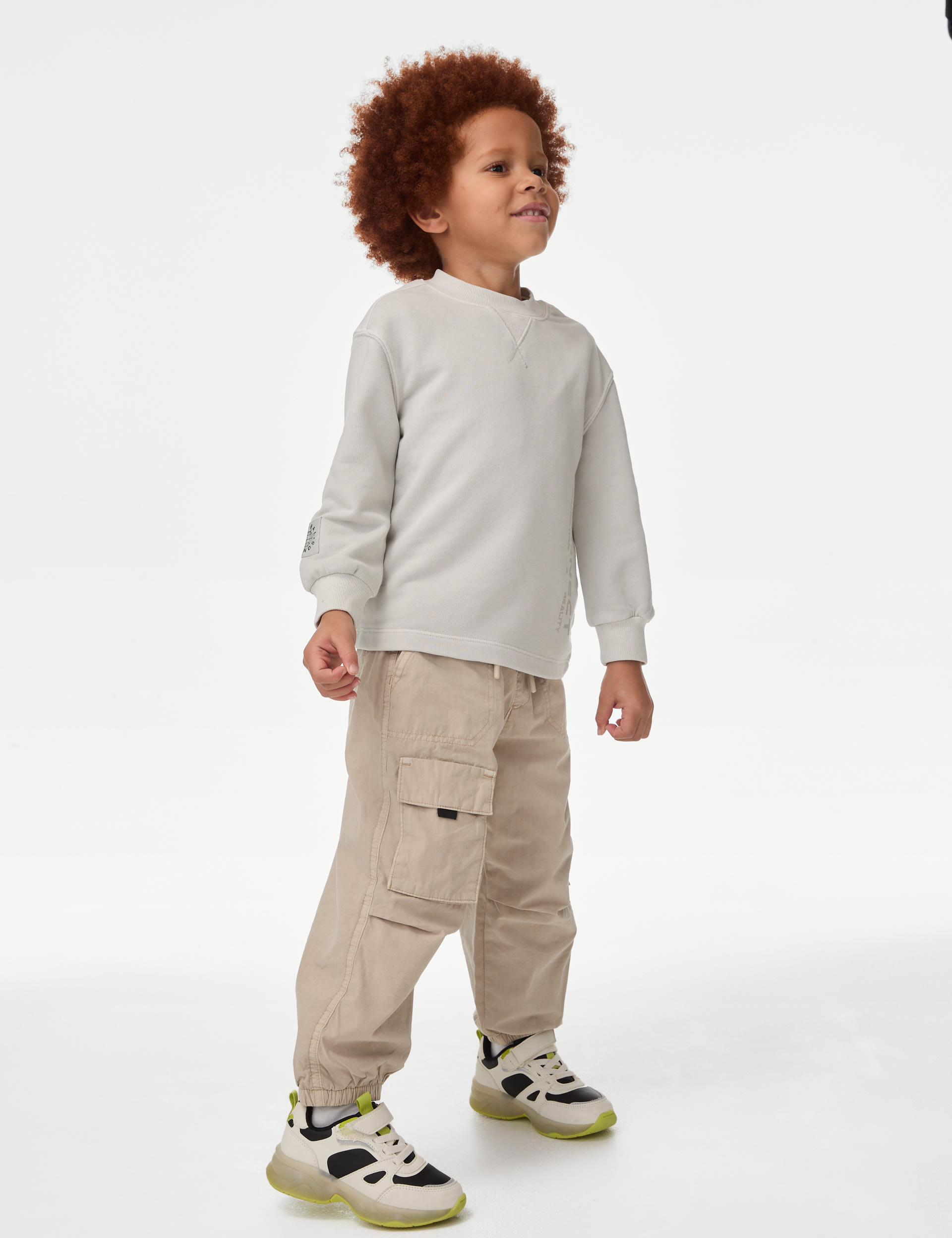 M&S Collection Boys Relaxed Pure Cotton Parachute Trousers (2-8 Yrs) - 3-4 Y - Stone, Stone,Grey