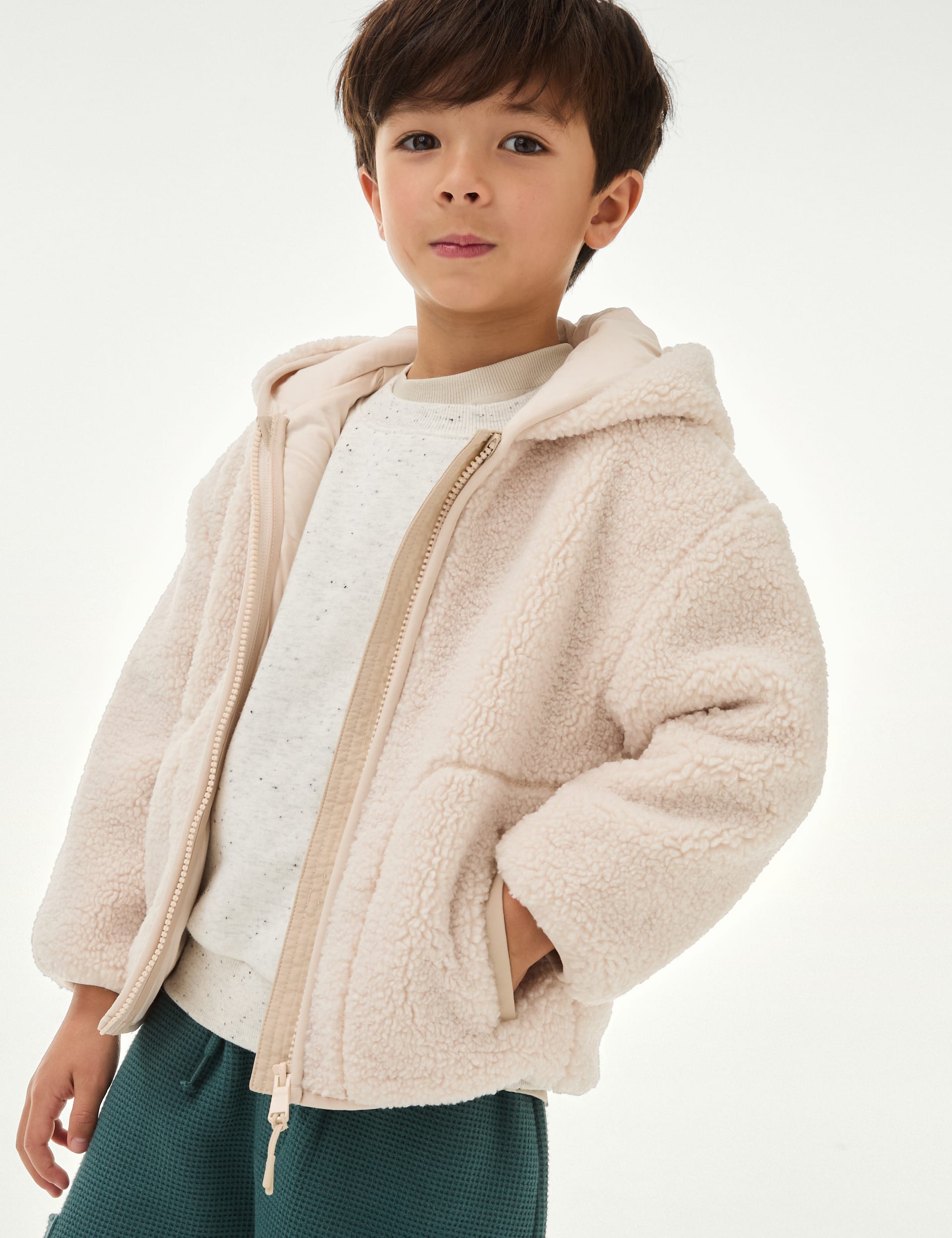 M&S Collection Boys Fleece Zip Through Hooded Top (2-8 Yrs) - 3-4 Y - Cream, Navy,Green,Cream