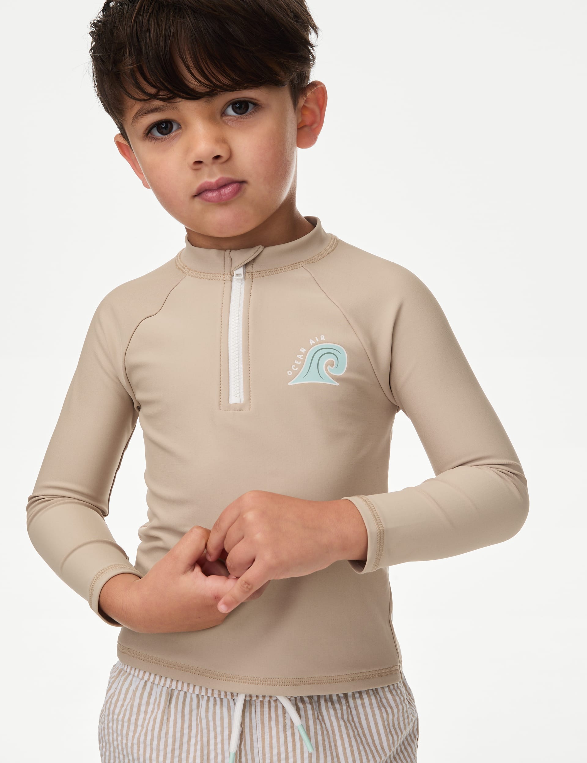 M&S Collection Sun Sea Surf' Slogan Long Sleeve Rash Vest (2-8 Yrs) - 5-6 Y - Buff Mix, Buff Mix