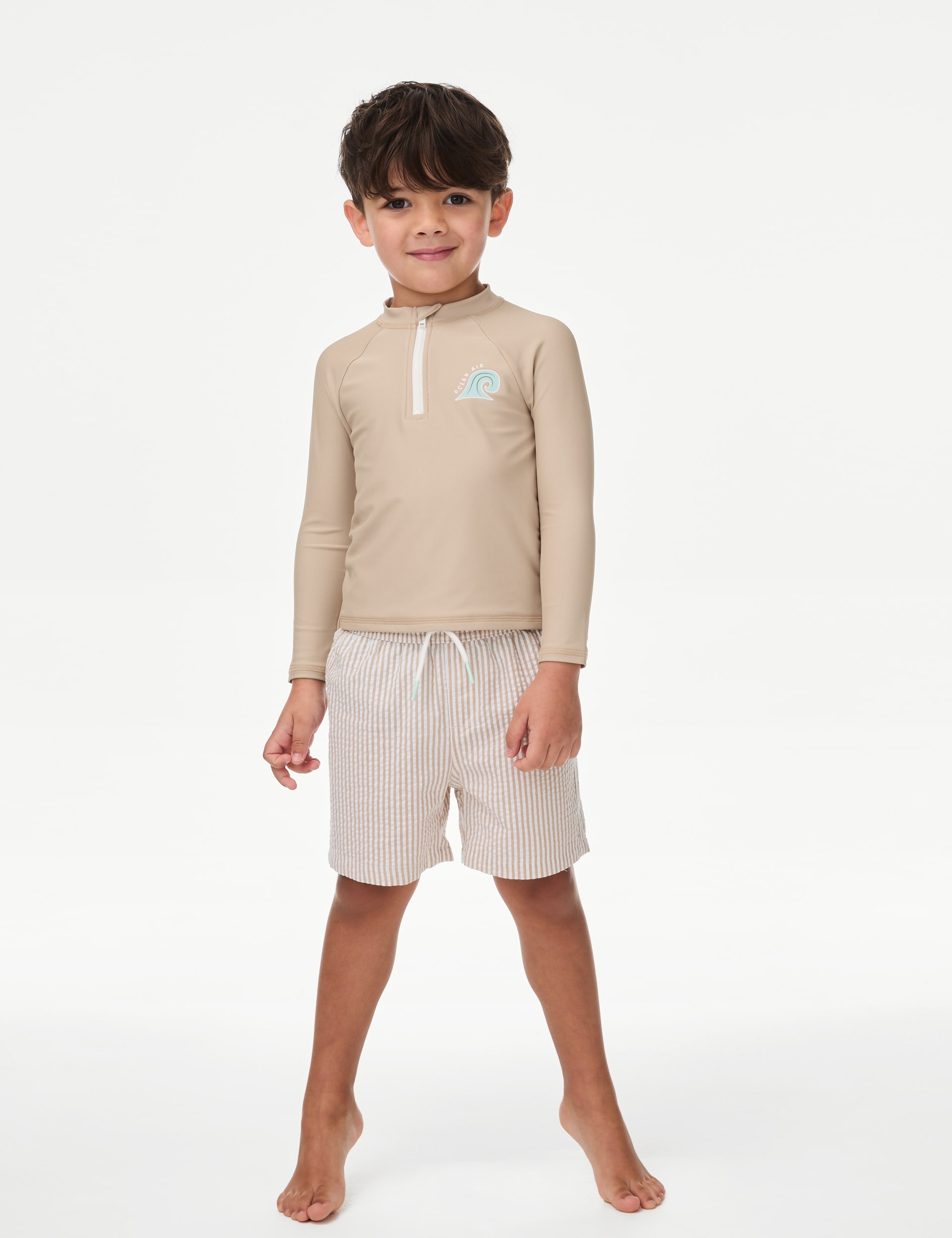 M&S Collection Sun Sea Surf' Slogan Long Sleeve Rash Vest (2-8 Yrs) - 5-6 Y - Buff Mix, Buff Mix