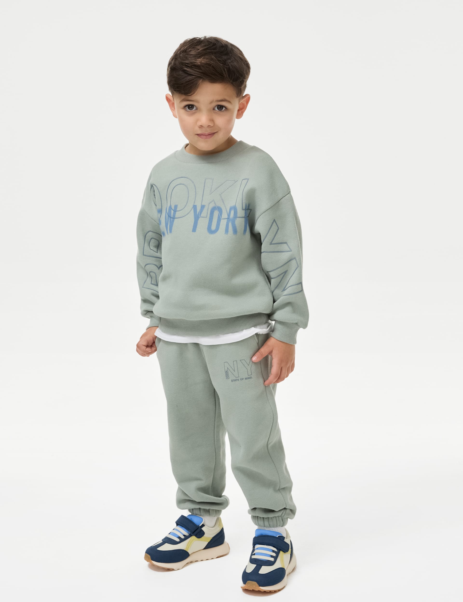 M&S Collection Boys 2pc Cotton Rich Slogan Top & Bottom Outfit (12 Mths-16 Yrs) - 3-4 Y - Green, Gre