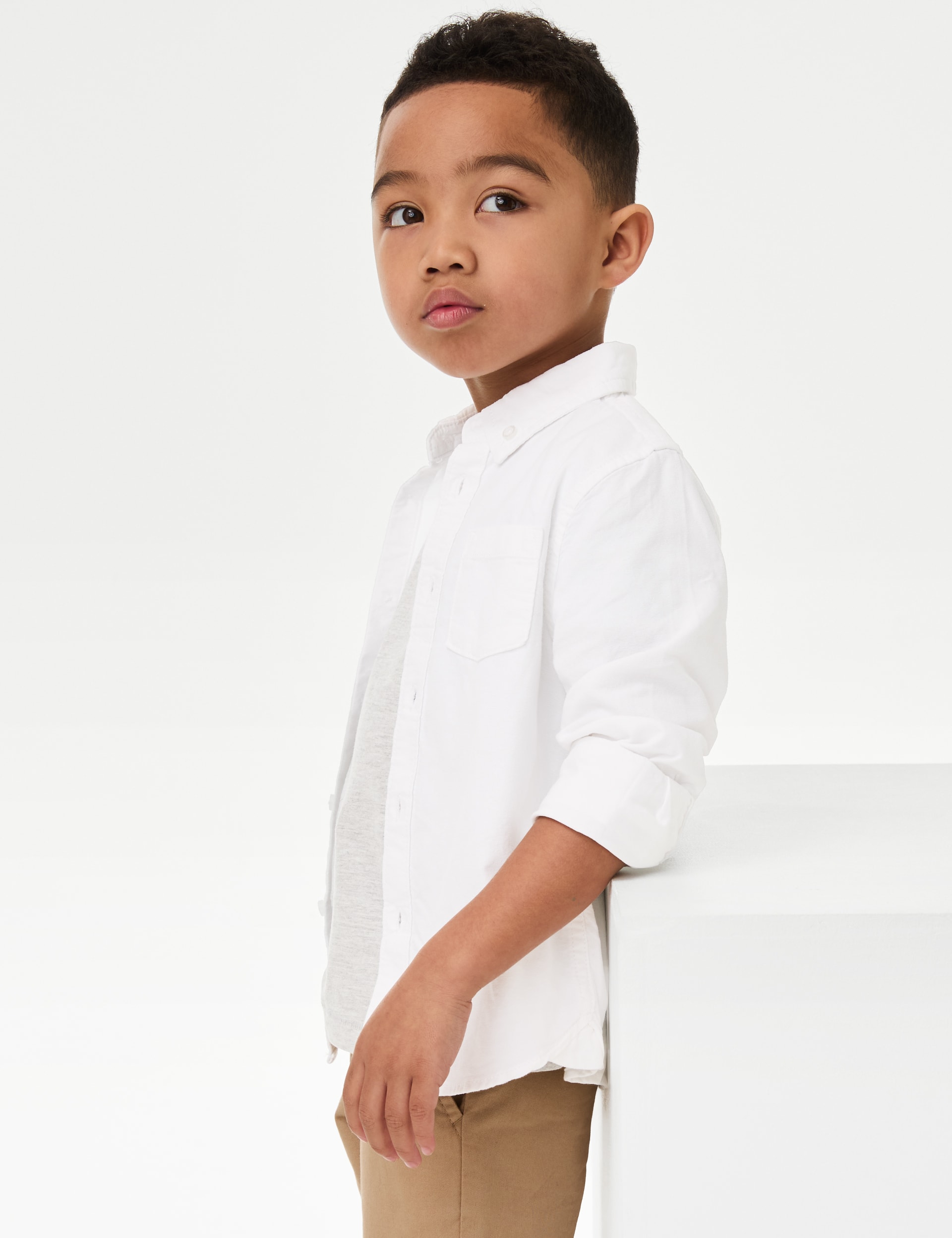 M&S Collection Boys Pure Cotton Oxford Shirt (2-8 Yrs) - 6-7 Y - White, White,Blue