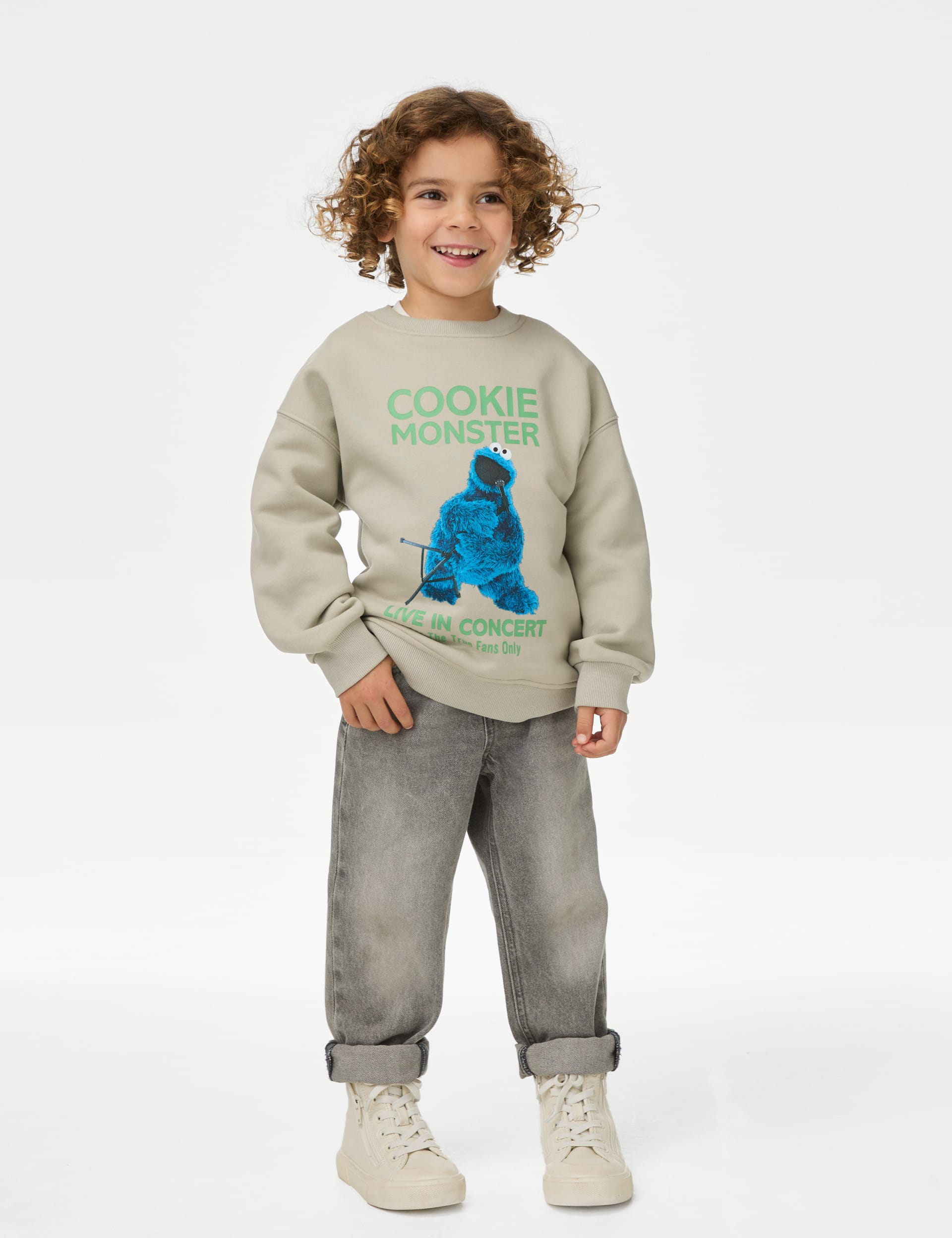 M&S Collection Boys Cotton Rich Cookie Monster Print Sweatshirt (2-8 Yrs) - 3-4 Y - Light Green, Lig