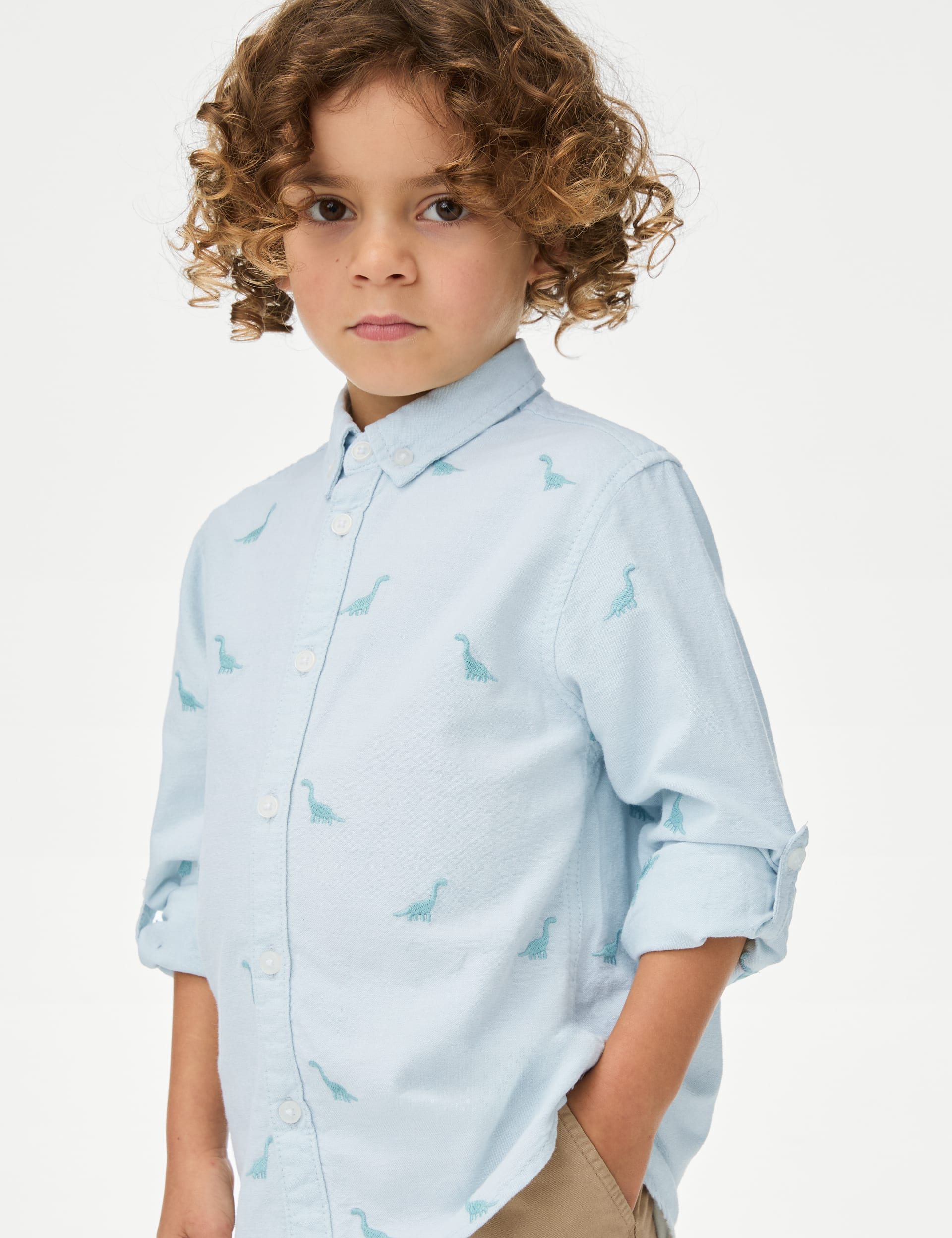 M&S Collection Boys Pure Cotton Dinosaur Embroidered Oxford Shirt (1-8 Yrs) - 18-24 - Light Mint, Li