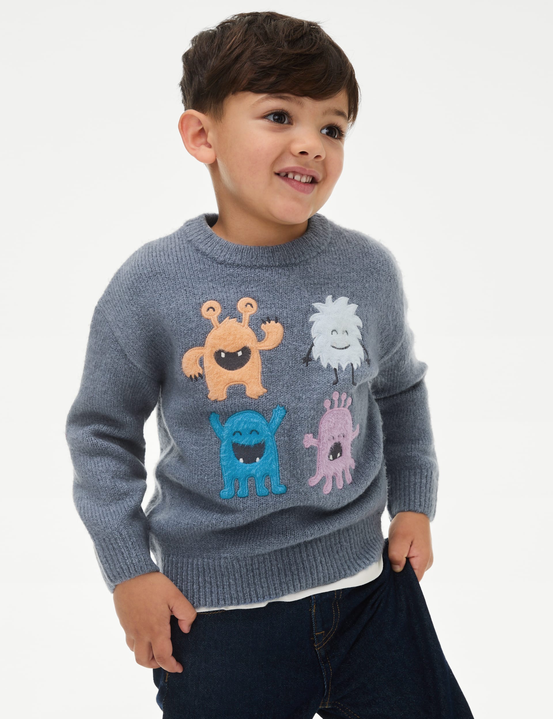 M&S Collection Boys Monster Knitted Jumper (2-8 Yrs) - 6-7 Y - Air Force Blue, Air Force Blue