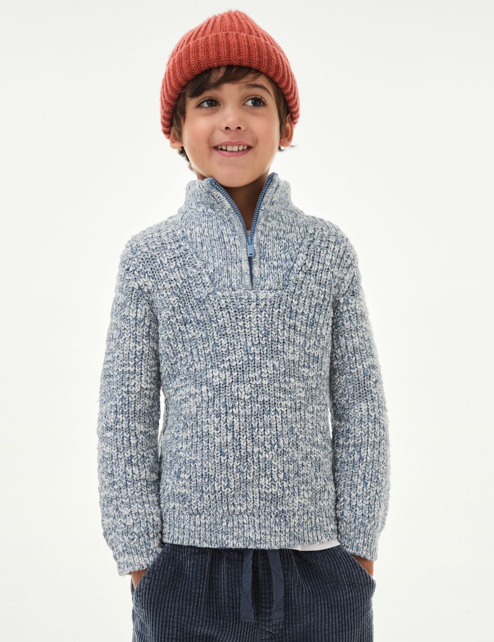 M&S Collection Boys Cotton Blend Half Zip Knitted Jumper (2-8 Yrs) - 2-3 Y - Blue Mix, Blue Mix