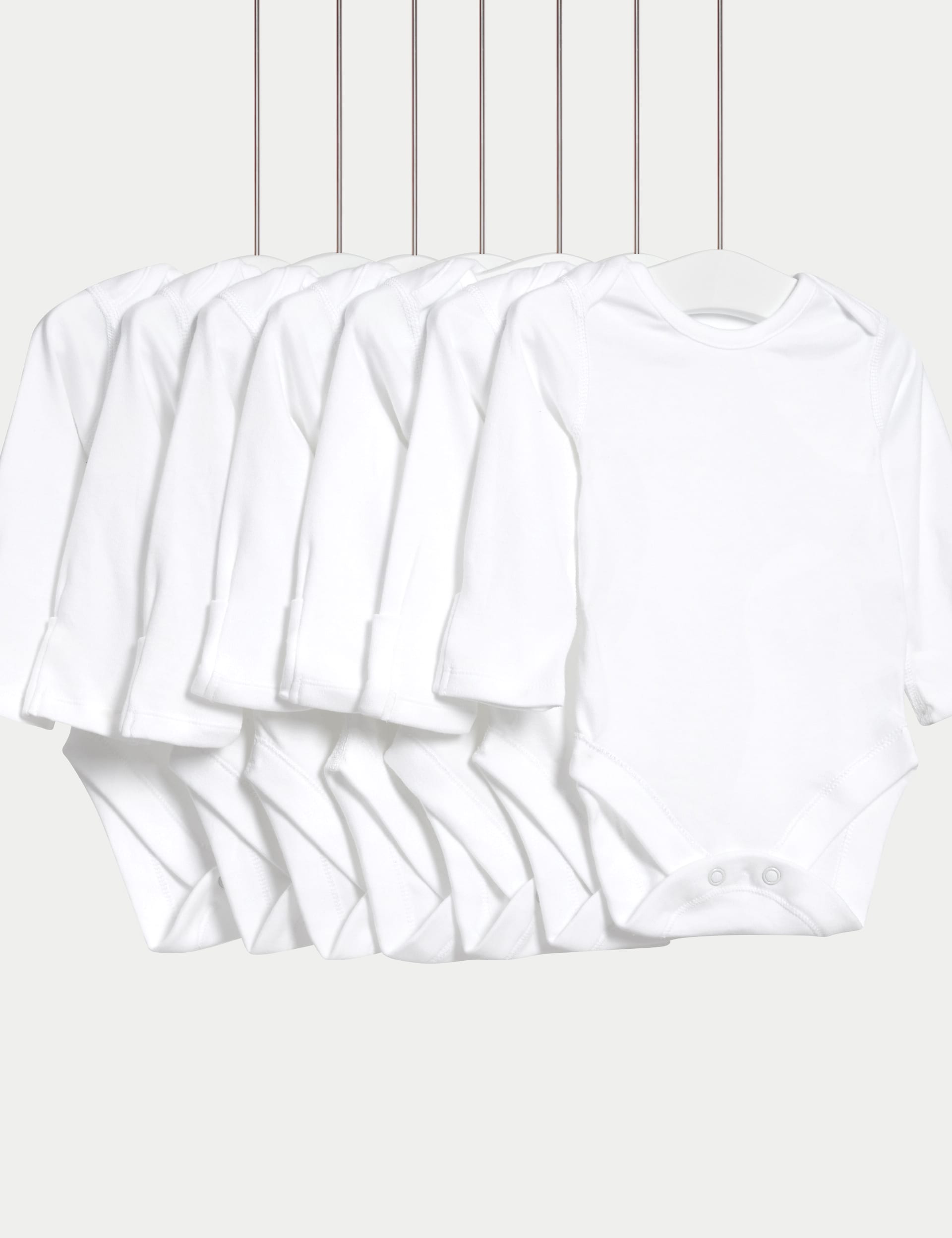 M&S Collection 7pk Pure Cotton Long Sleeve Bodysuits (5lbs-3 Yrs) - NB - White, White