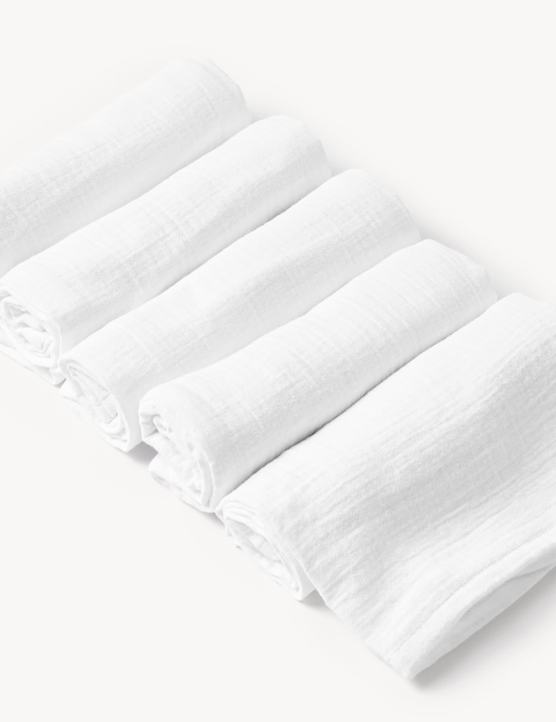 M&S Collection 5pk Pure Cotton Muslin Squares - White, White