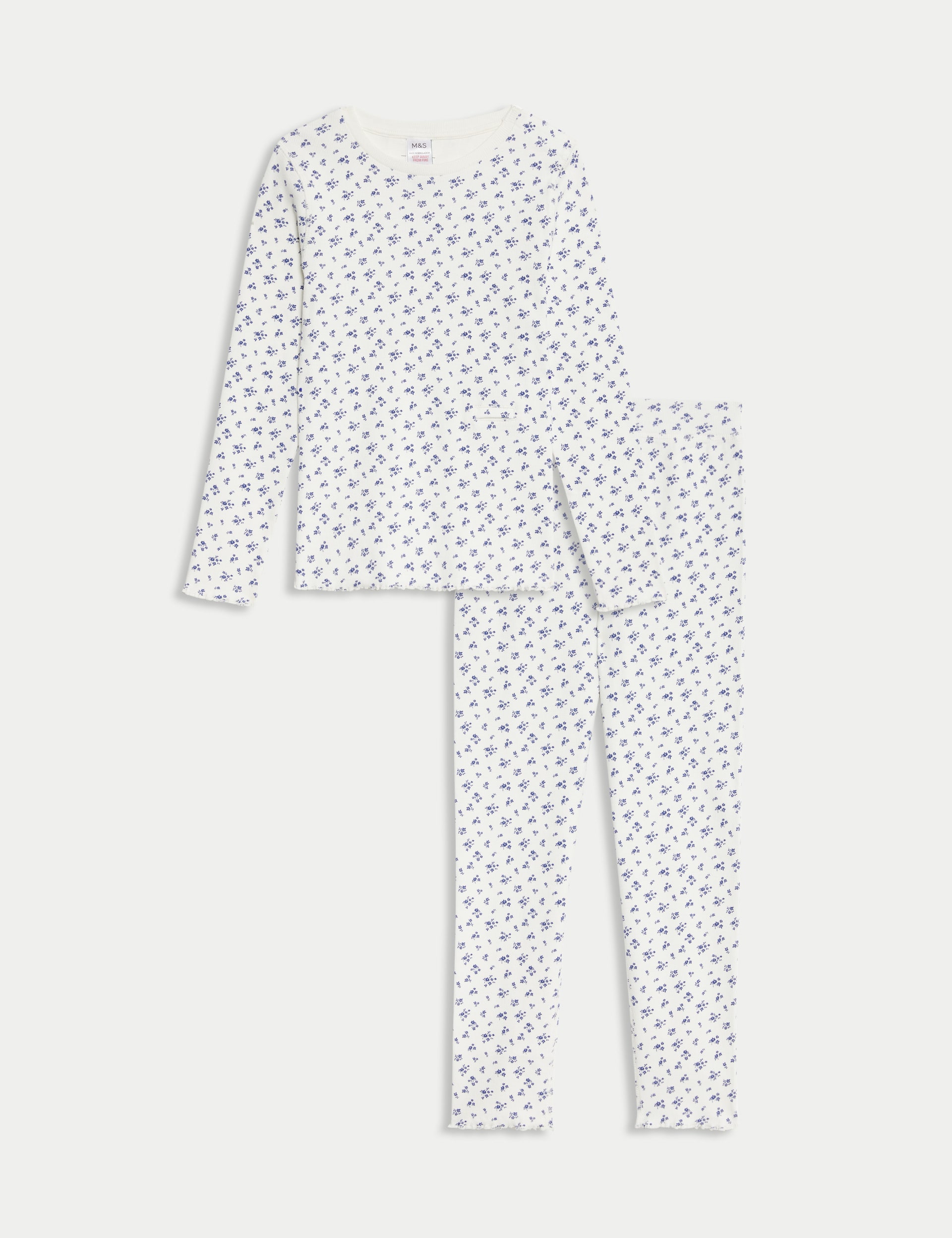 M&S Collection Girls Adaptive Cotton-Rich Ditsy Floral Rib Pyjamas (1-16 Yrs) - 8-9 YREG - Ivory Mix