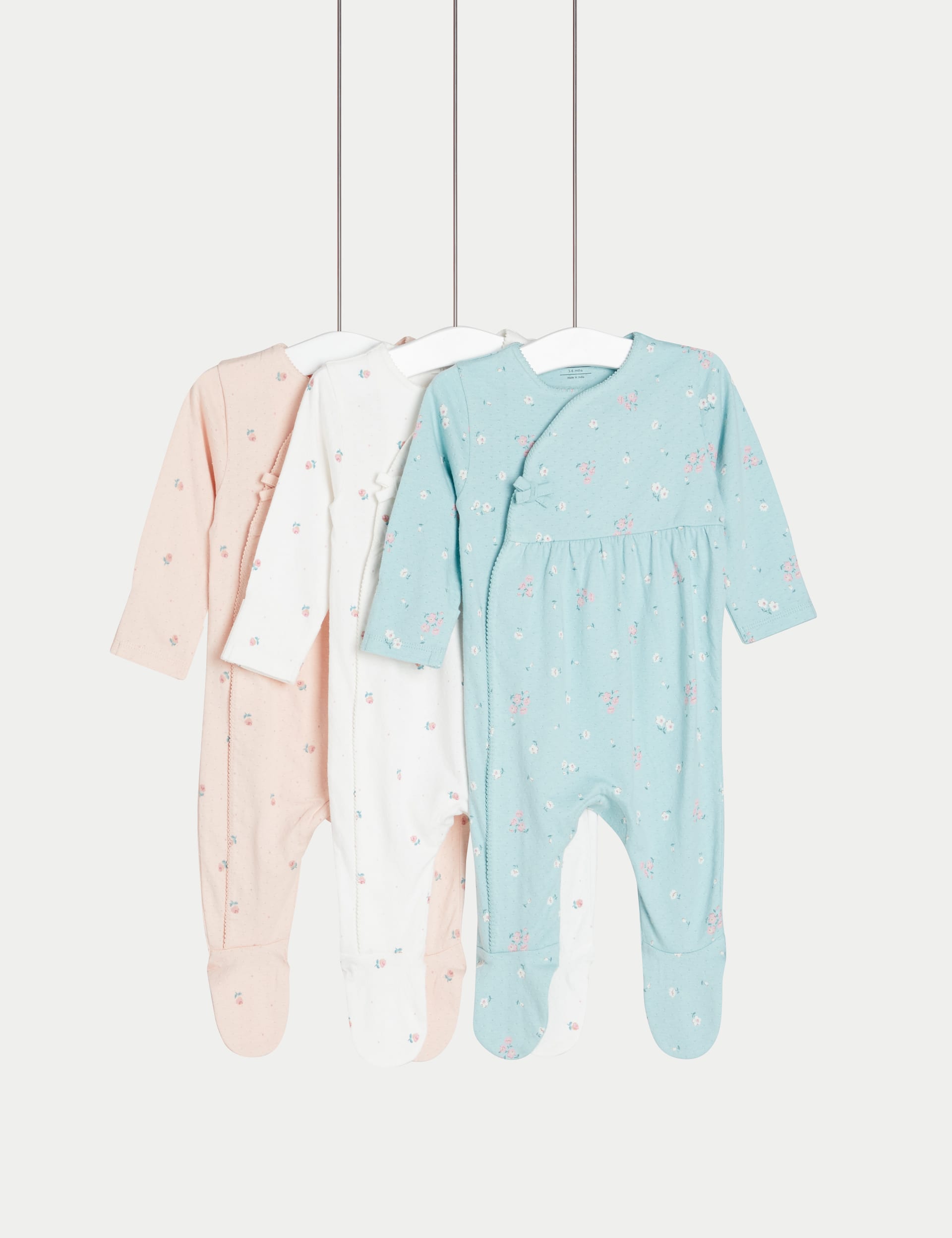 M&S Collection Girls 3pk Pure Cotton Floral Sleepsuits (6lbs-3 Yrs) - TINY - Pink Mix, Pink Mix