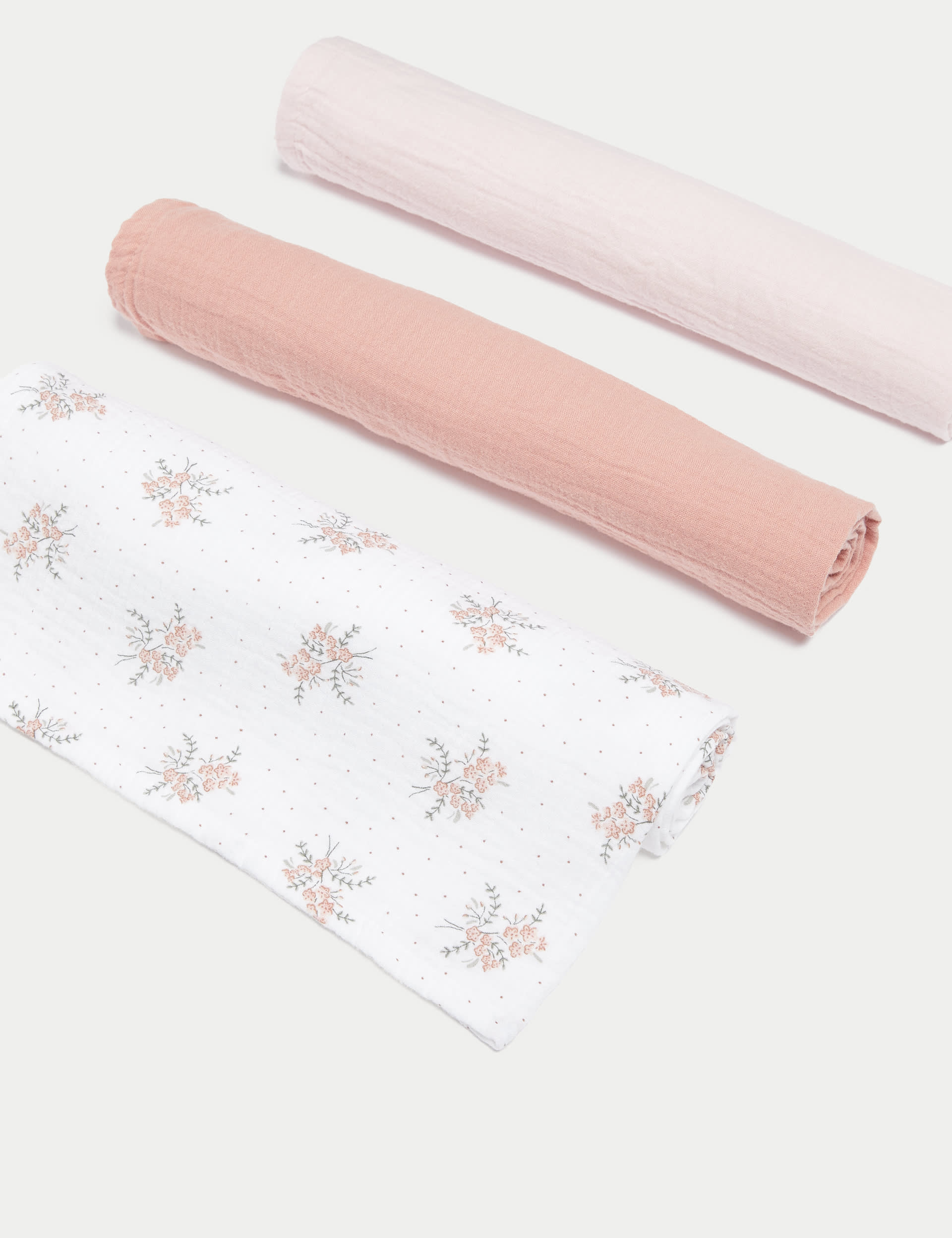 M&S Collection Girls 3pk Pure Cotton Plain & Floral Muslin Squares - Pink Mix, Pink Mix