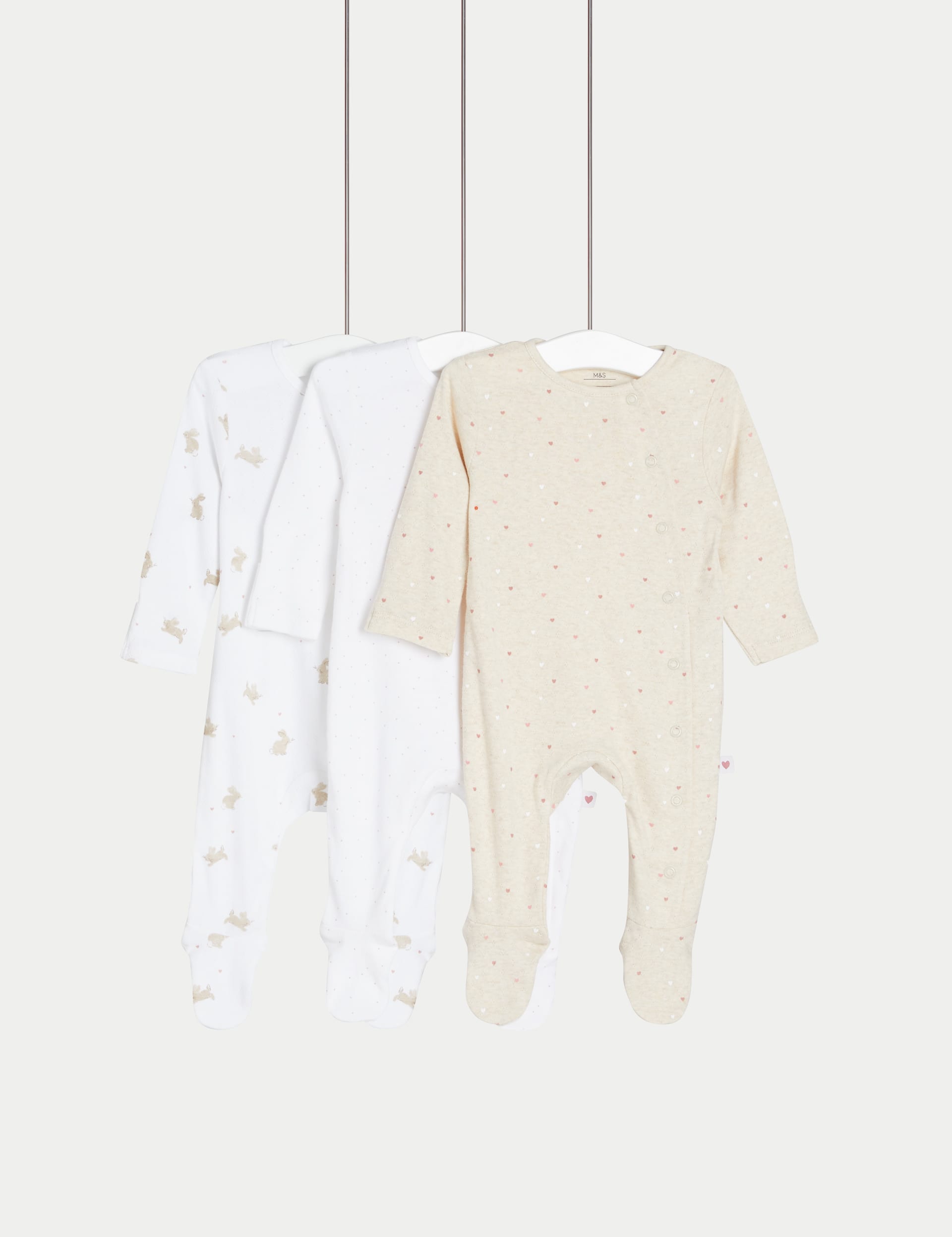 M&S Collection 3pk Pure Cotton Bunny Sleepsuits (6lbs-3 Yrs) - 12-18 - Light Pink, Light Pink