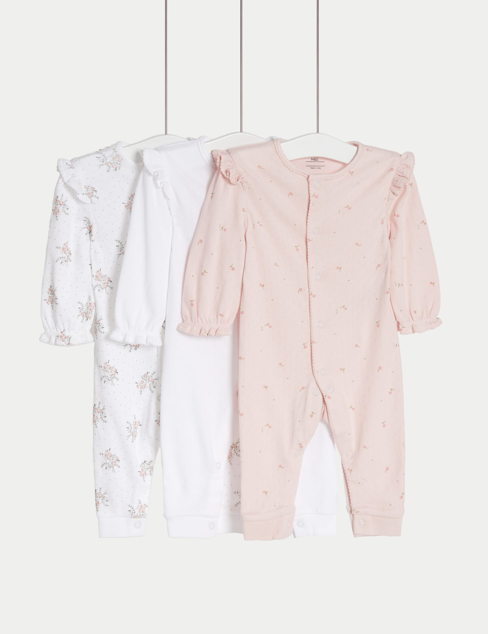 M&S Collection Girls 3pk Pure Cotton Ditsy Floral Sleepsuits (6lbs-3 Yrs) - 0-3 M - Pink Mix, Pink 