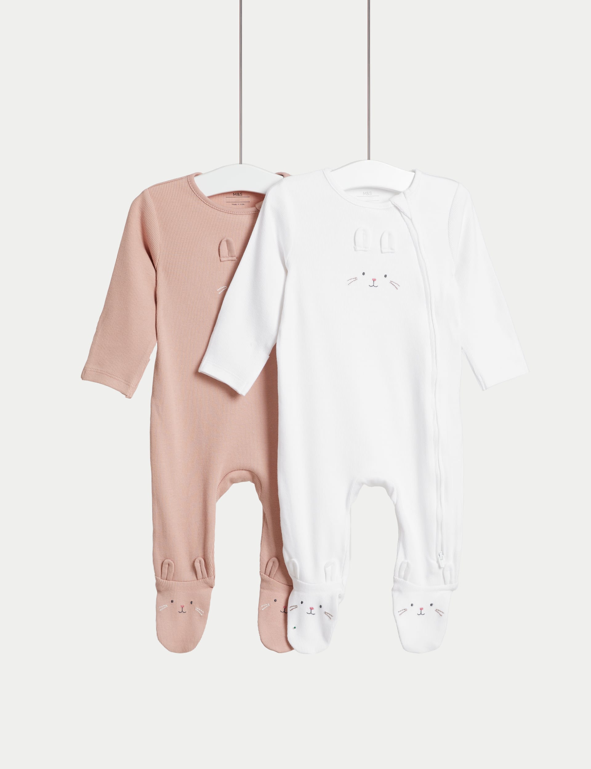 M&S Collection Girls 2 Pack Cotton Rich Bunny Sleepsuits ( 6lbs - 3 Yrs) - TINY - Pink Mix, Pink Mi