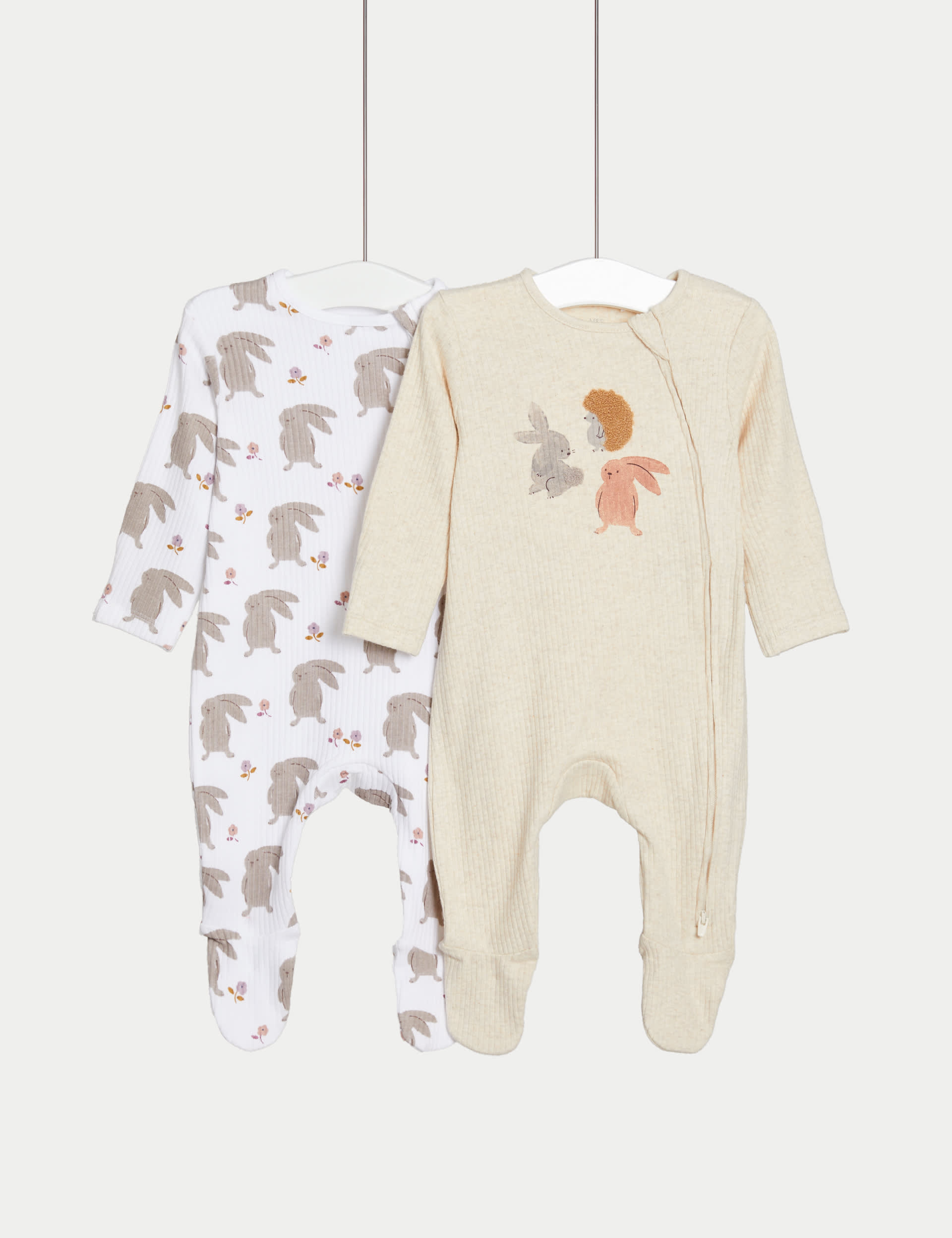 M&S Collection Girls 2pc Cotton Rich Woodland Friends Sleepsuits (6lbs-3 Yrs) - TINY - Oatmeal Mix,