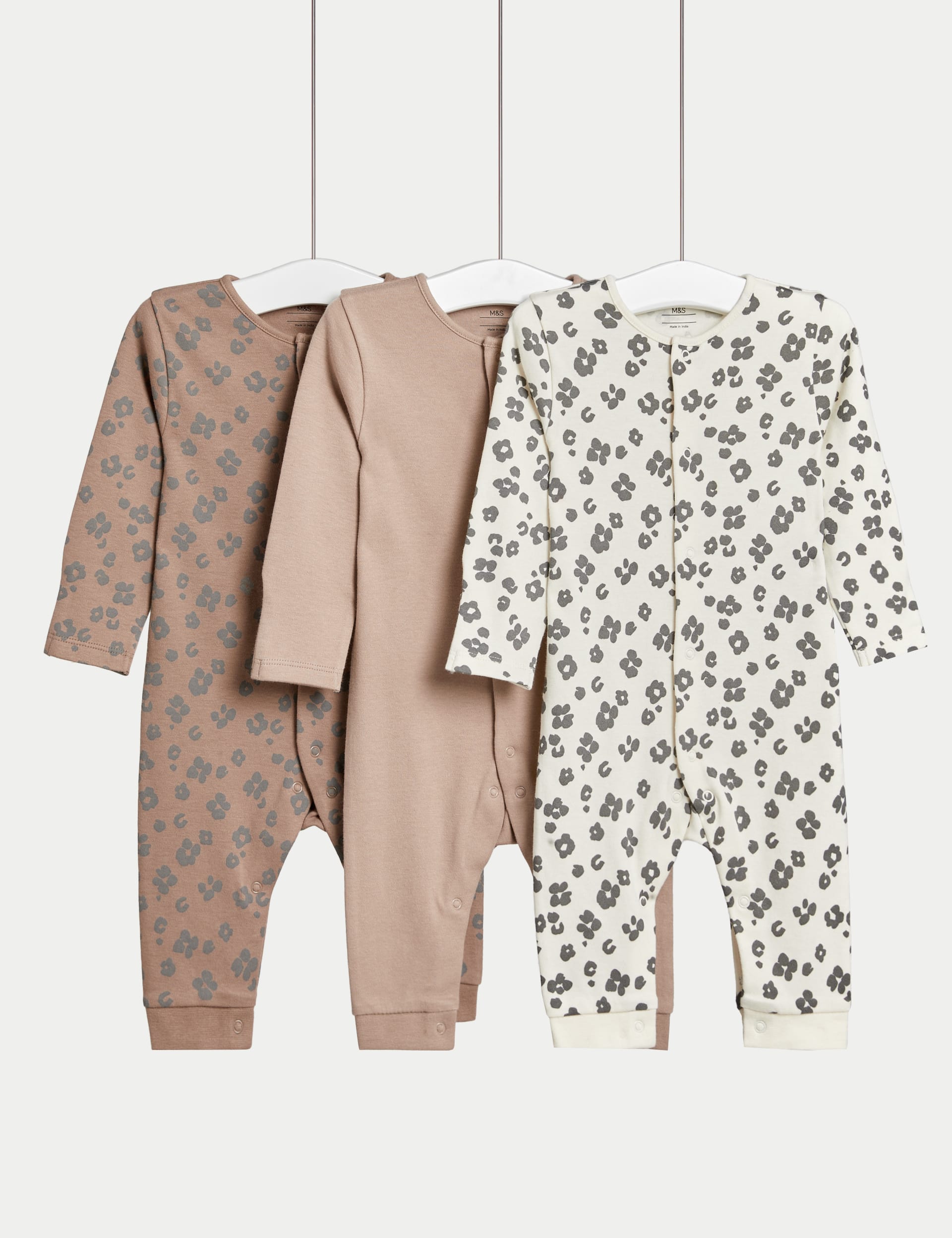 M&S Collection 3pk Pure Cotton Leopard Print Sleepsuits (6lbs-3 Yrs) - 0-3 M - Multi, Multi