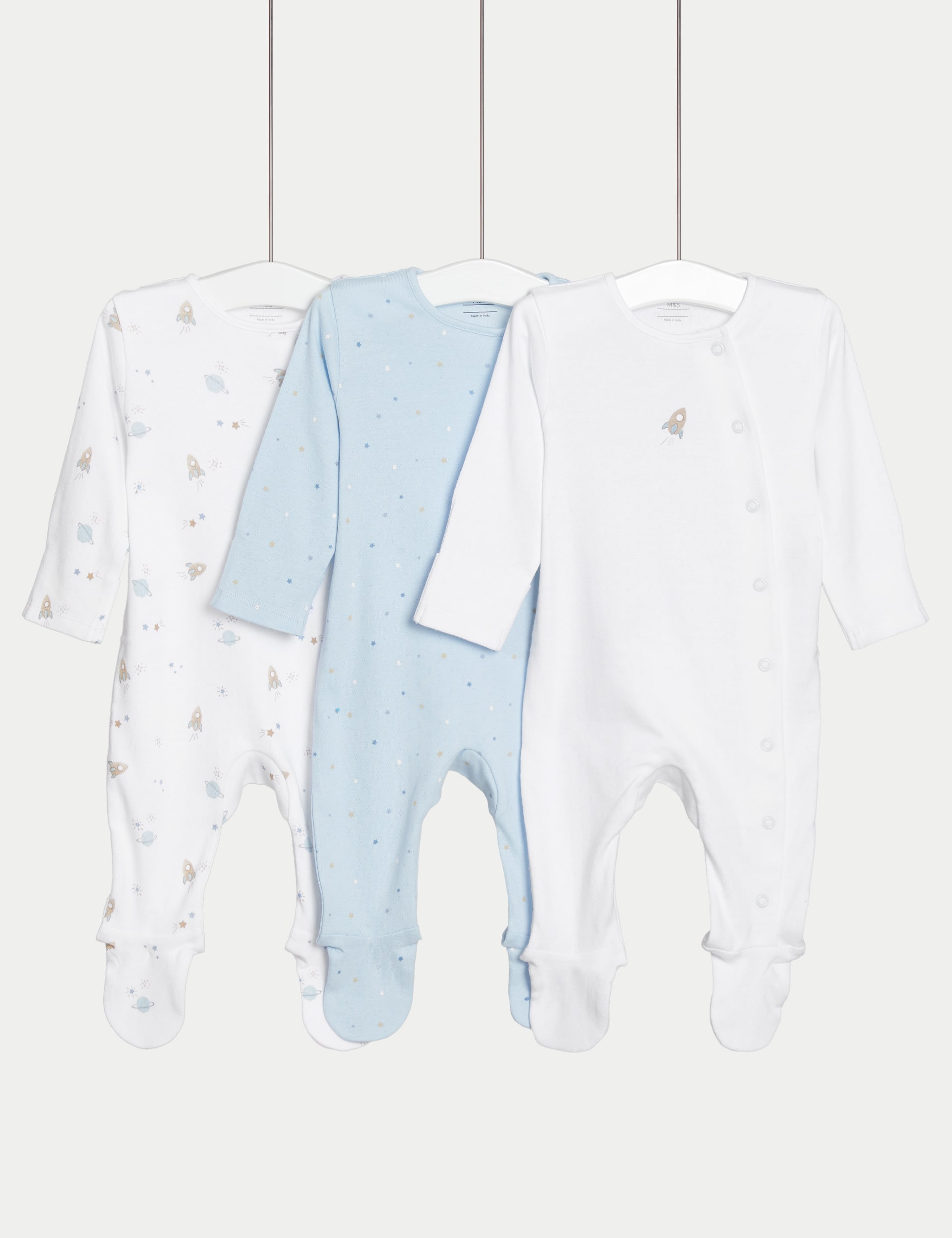 M&S Collection Boys 3pk Pure Cotton Rocket & Star Sleepsuits (6lbs-3 Yrs) - 3-6 M - Blue/White, Blu