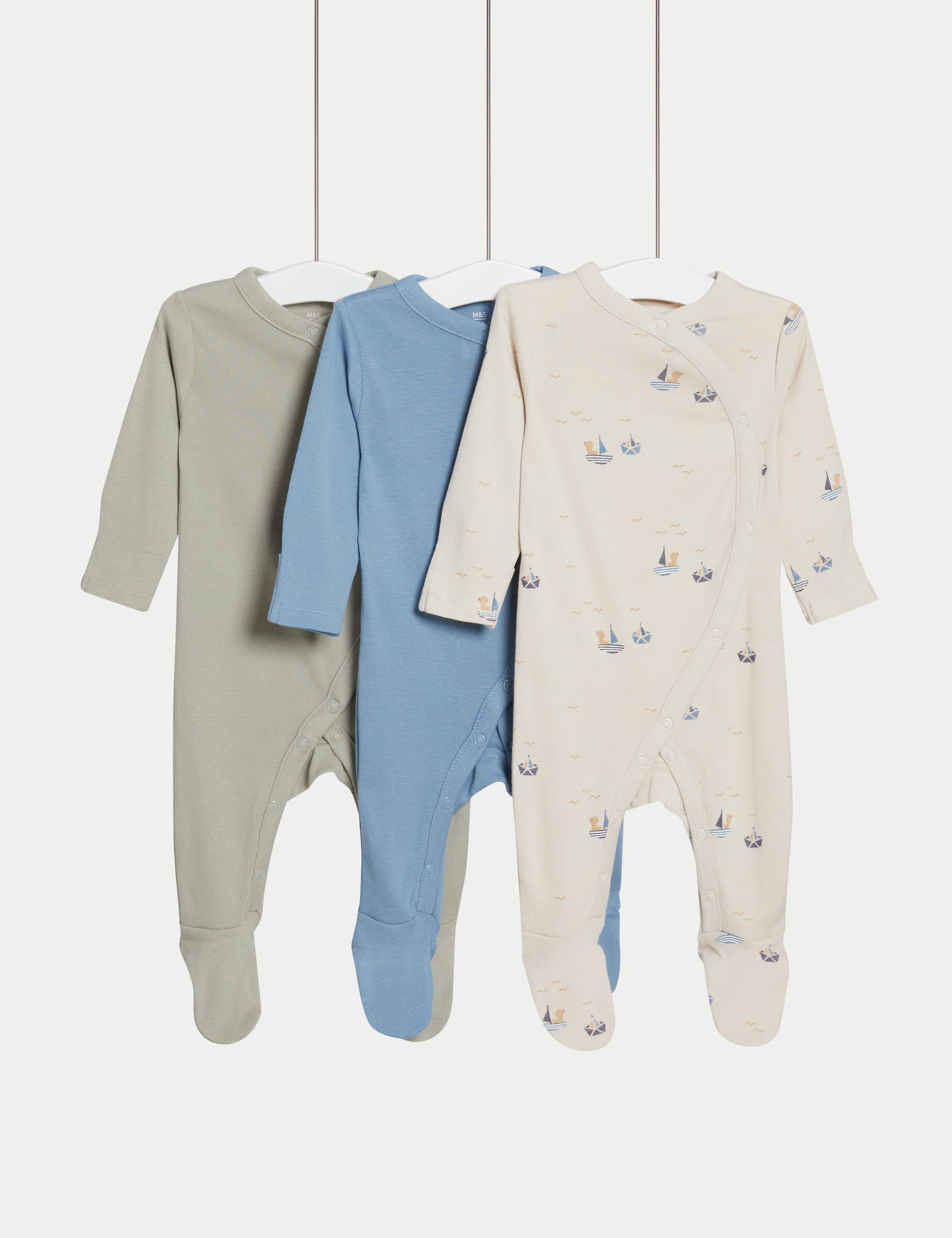 M&S Collection Boys 3pk Pure Cotton Nautical & Plain Sleepsuits (6lbs-3 Yrs) - 0-3 M - Blue Mix, Bl