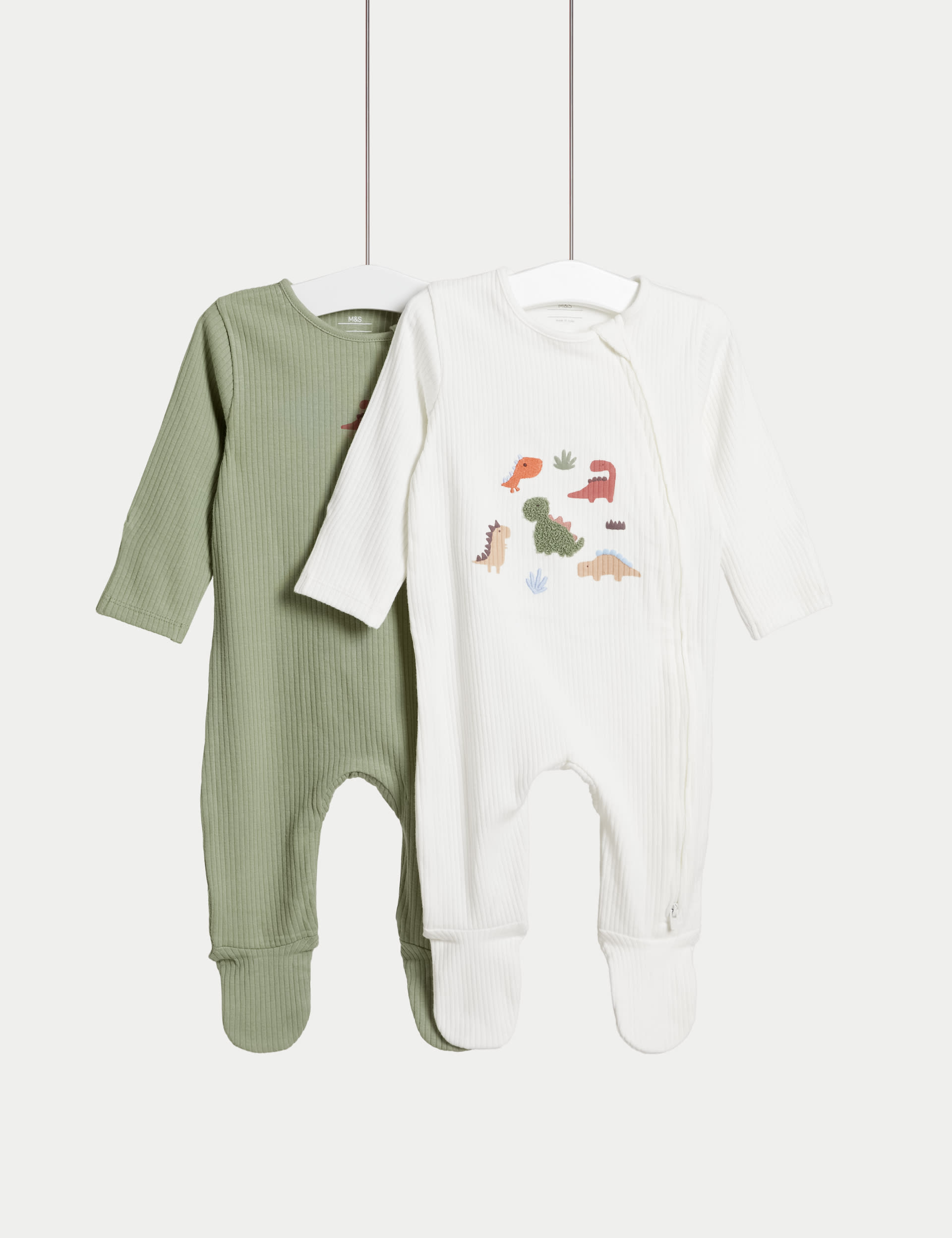 M&S Collection Boys 2 Pack Cotton Rich Dinosaur Sleepsuits (6lbs - 3 Yrs) - 3-6 M - Cream Mix, Crea