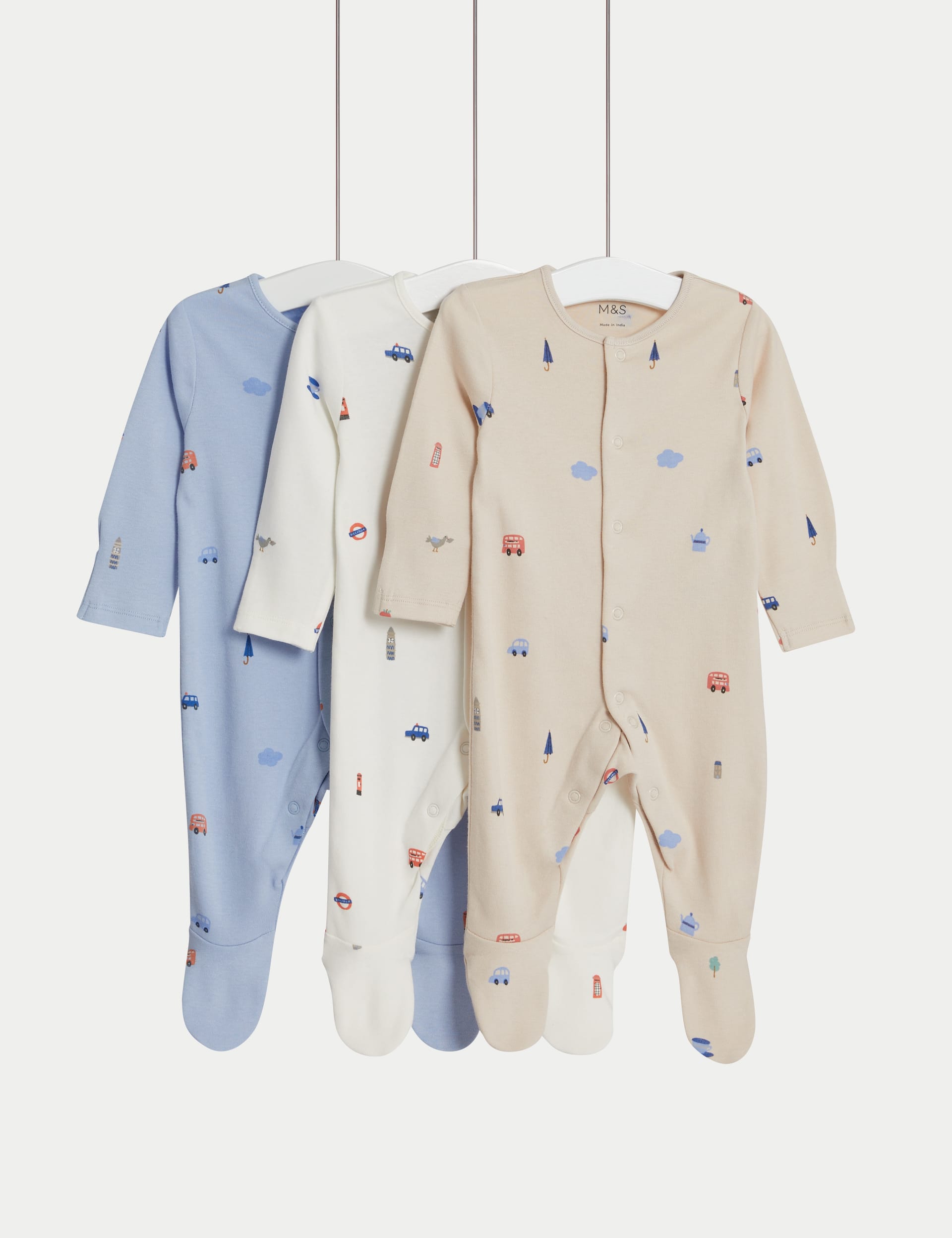 M&S Collection Boys 3pk Pure Cotton London Sleepsuits (6lbs-3 Yrs) - 0-3 M - Ecru Mix, Ecru Mix