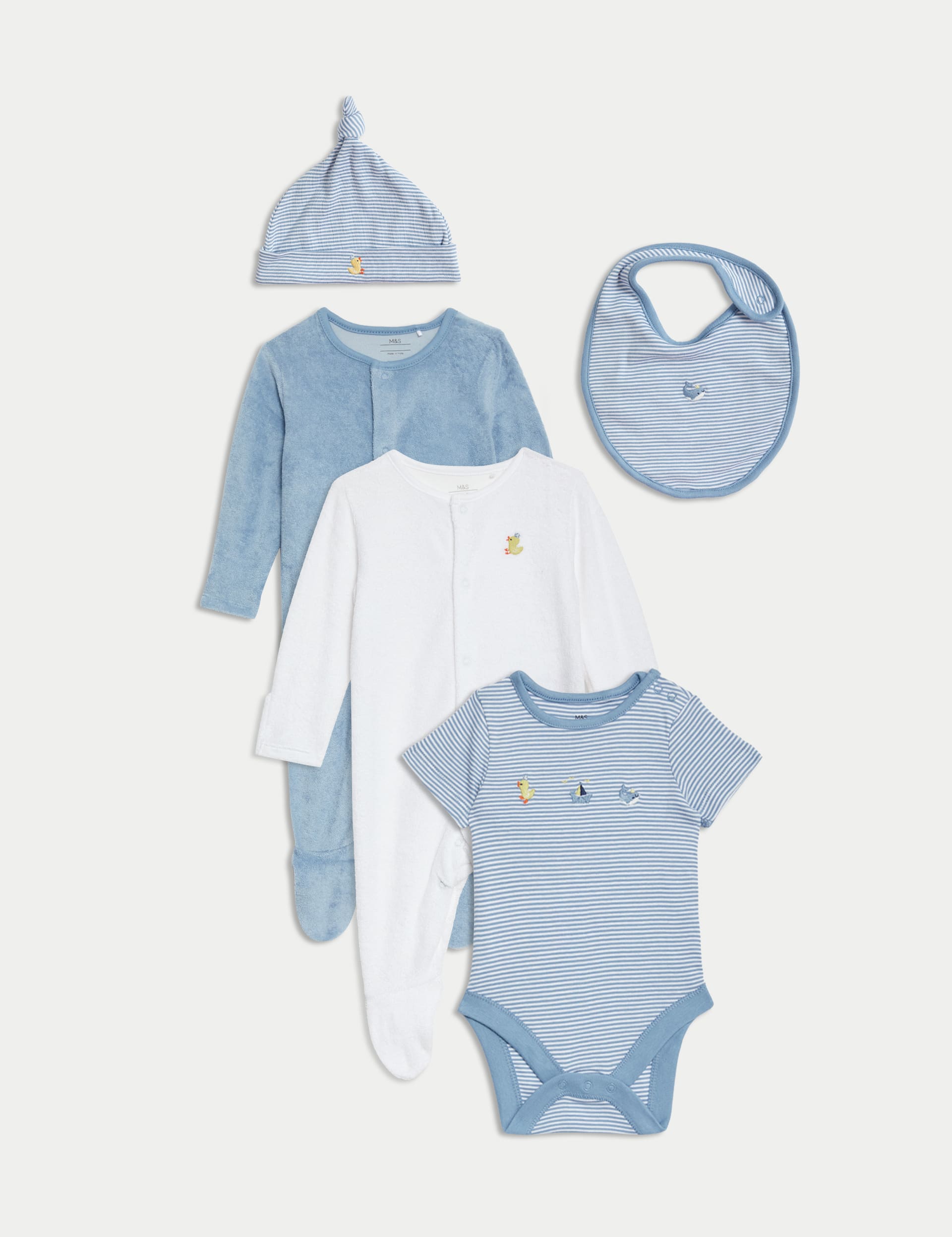 M&S Collection Boys 5pc Cotton Rich Striped Starter Set (0-9 Mths) - 0-3 M - Blue Mix, Blue Mix