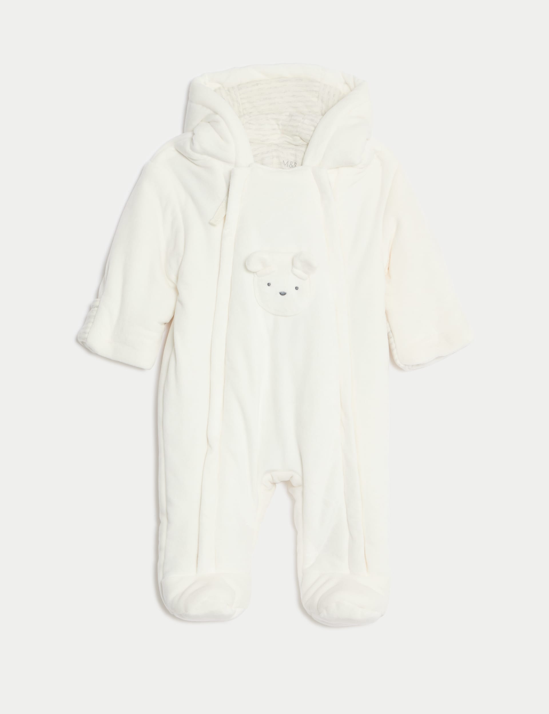 M&S Collection Velour Bear Pocket Hooded Pramsuit (0-12 Mths) - 6-9 M - White Mix, Pink,White Mix,Li