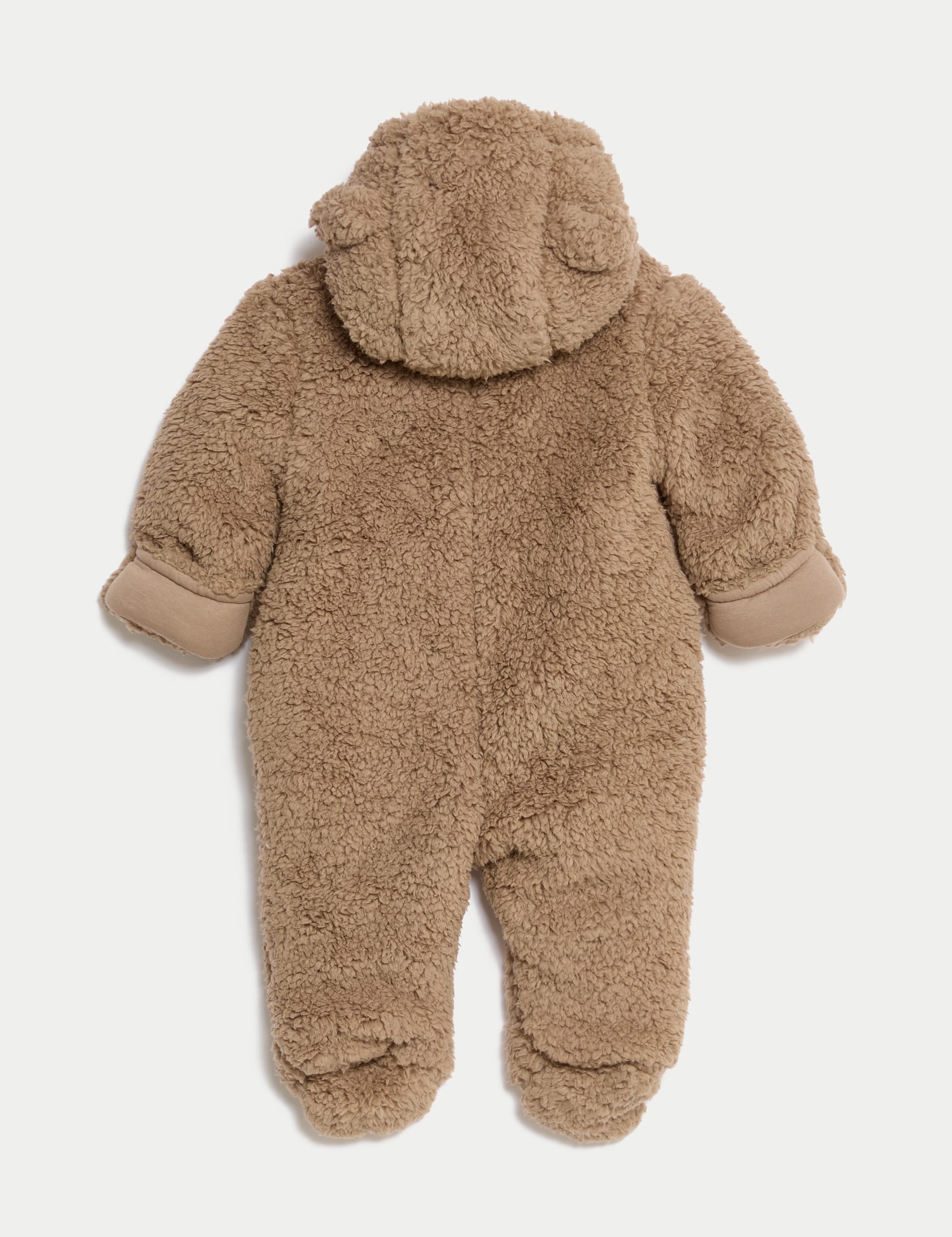 M&S Collection Borg Hooded Pramsuit (0-1 Yrs) - 0-3 M - Brown, Brown,Steel Blue,Dark Cream,Pink Mix