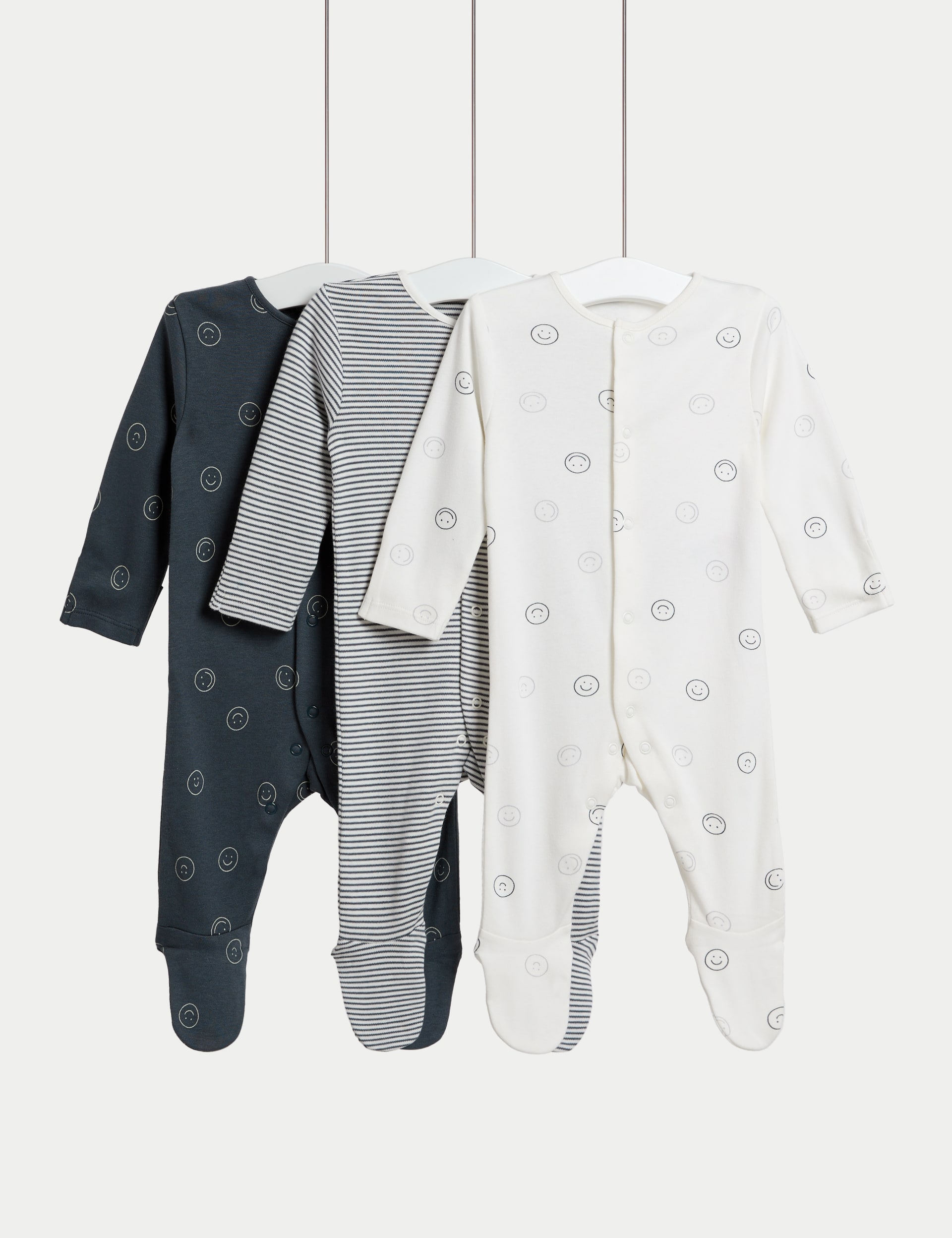 M&S Collection 3pk Pure Cotton Sleepsuits (0-3 Yrs) - 0-3 M - Dark Pewter, Dark Pewter