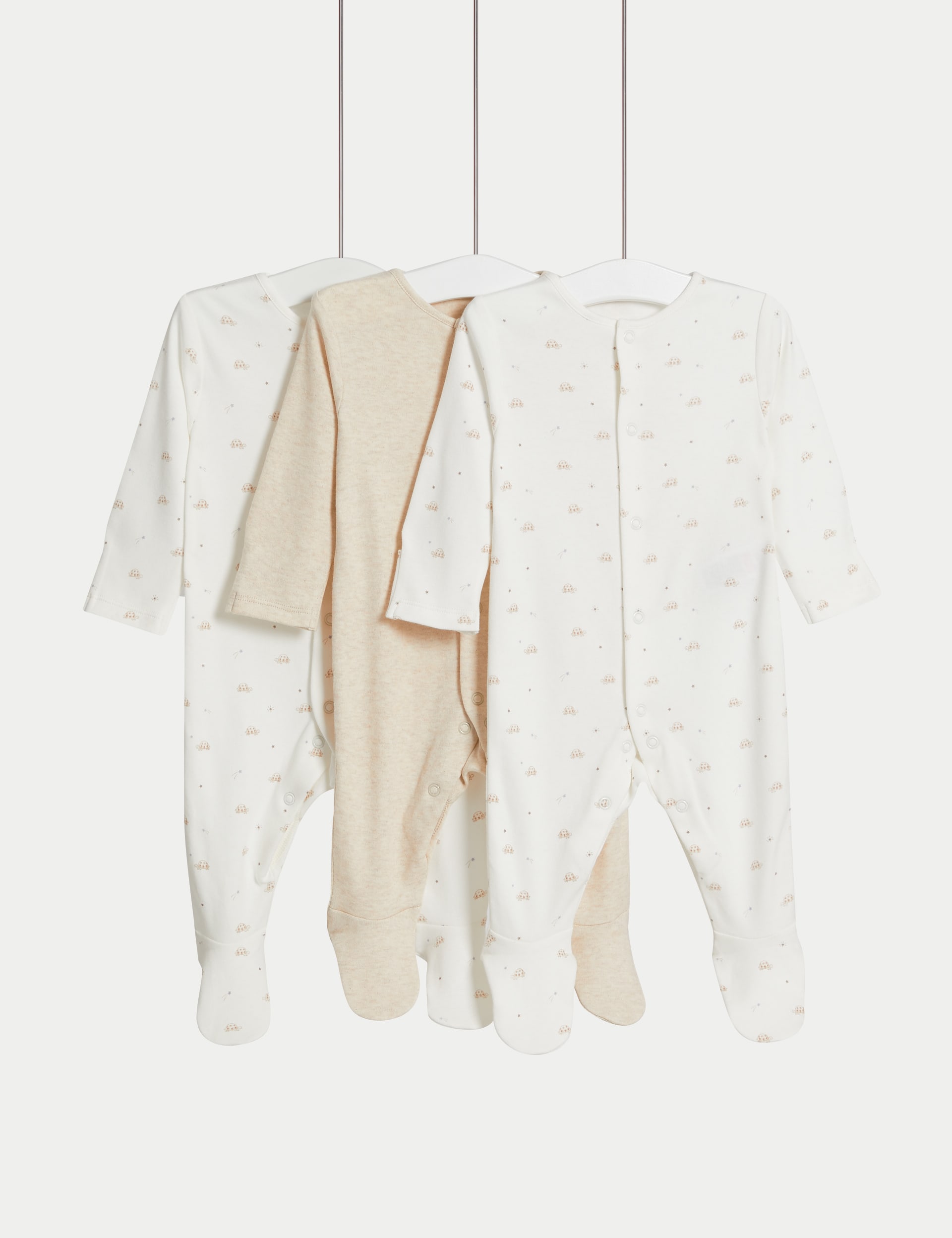 M&S Collection 3pk Pure Cotton Turtle Sleepsuits (0-3 Yrs) - 3-6 M - Ivory, Ivory